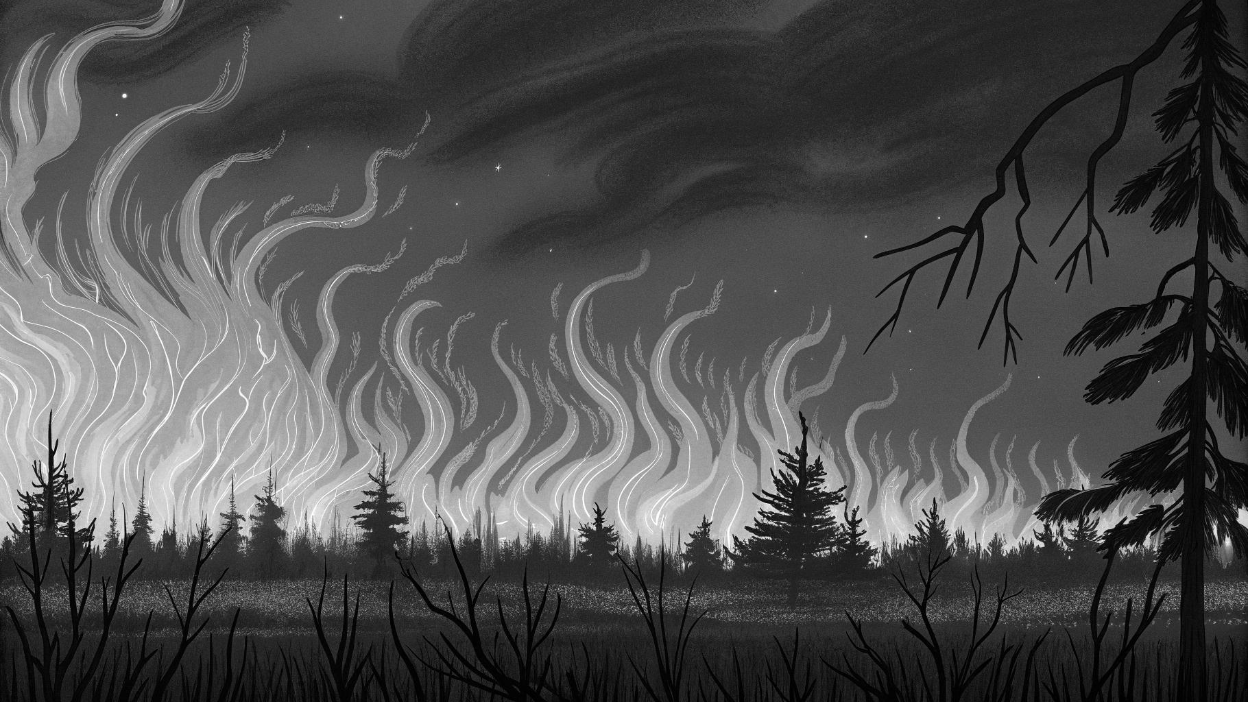 Illustration abstraite d'un incendie de forêt violent en Andalousie, avec des flammes orange et rouge tourbillonnantes contre un ciel sombre, sans texte ni logo