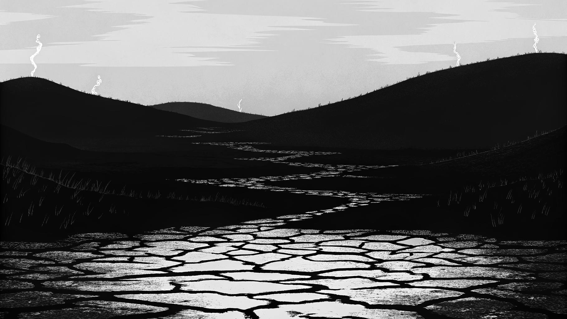Illustration abstraite montrant une terre craquelée et sèche avec de fines gouttelettes d'eau bleue qui s'évaporent dans un ciel orange chaud, symbolisant la sécheresse et la raréfaction de l'eau lors d'une canicule extrême.