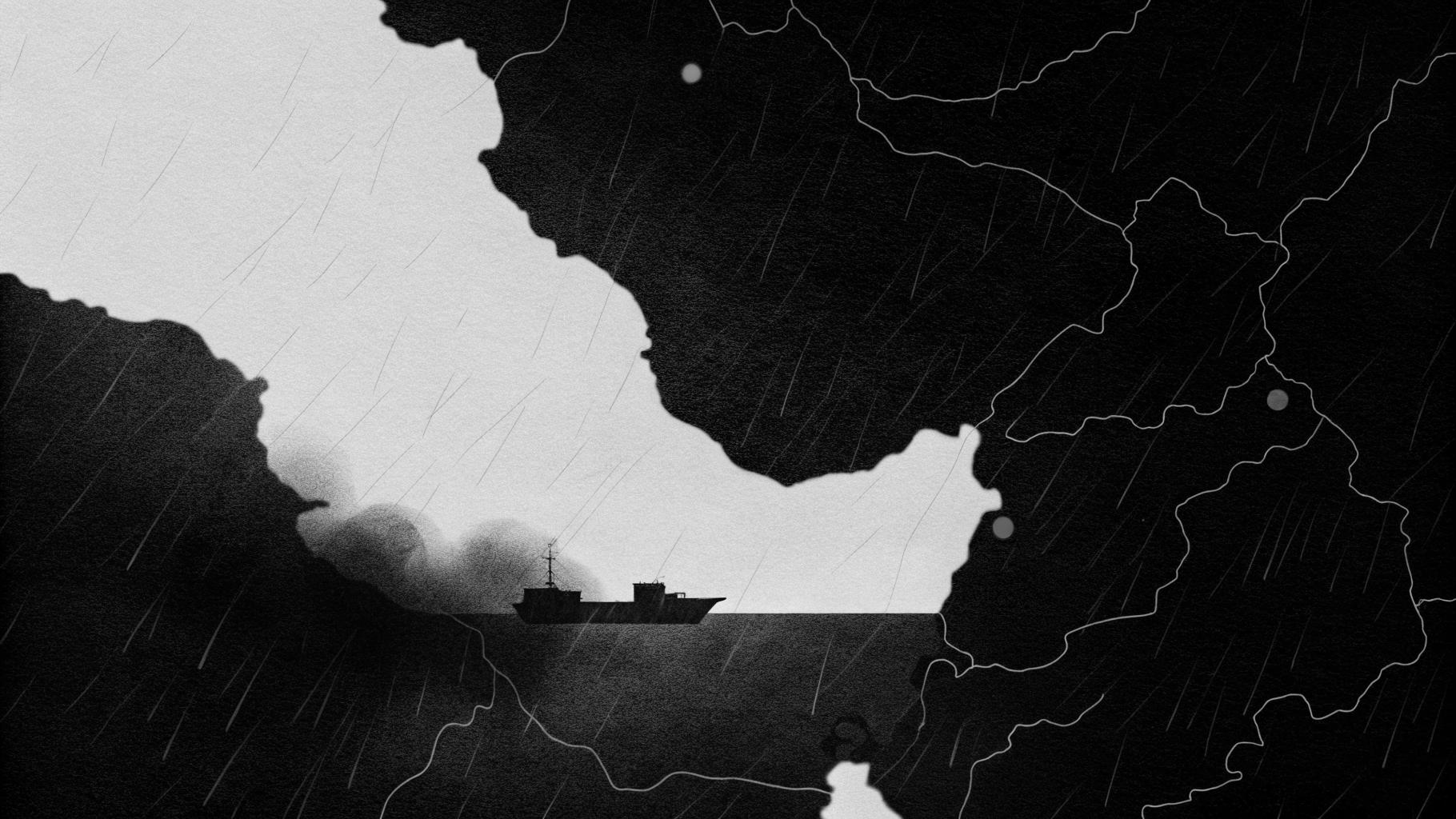 Illustration abstraite représentant une confrontation géopolitique : ciel sombre sur une carte stylisée du Moyen-Orient, 140 points lumineux rouges marquant les frappes en Iran, silhouette d'un porte-conteneurs bloqué près d'un détroit étroit, palett
