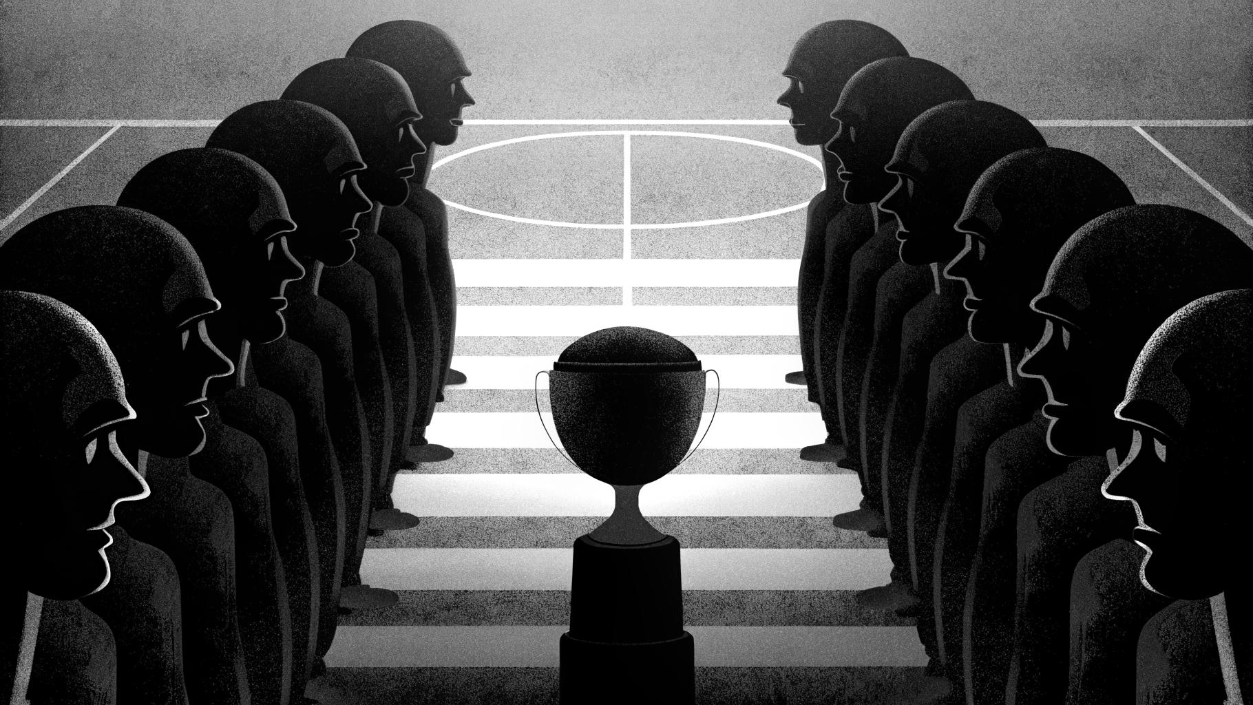 Illustration abstraite de deux équipes de football se dirigeant vers un trophée, style minimaliste, palette sobre, format paysage