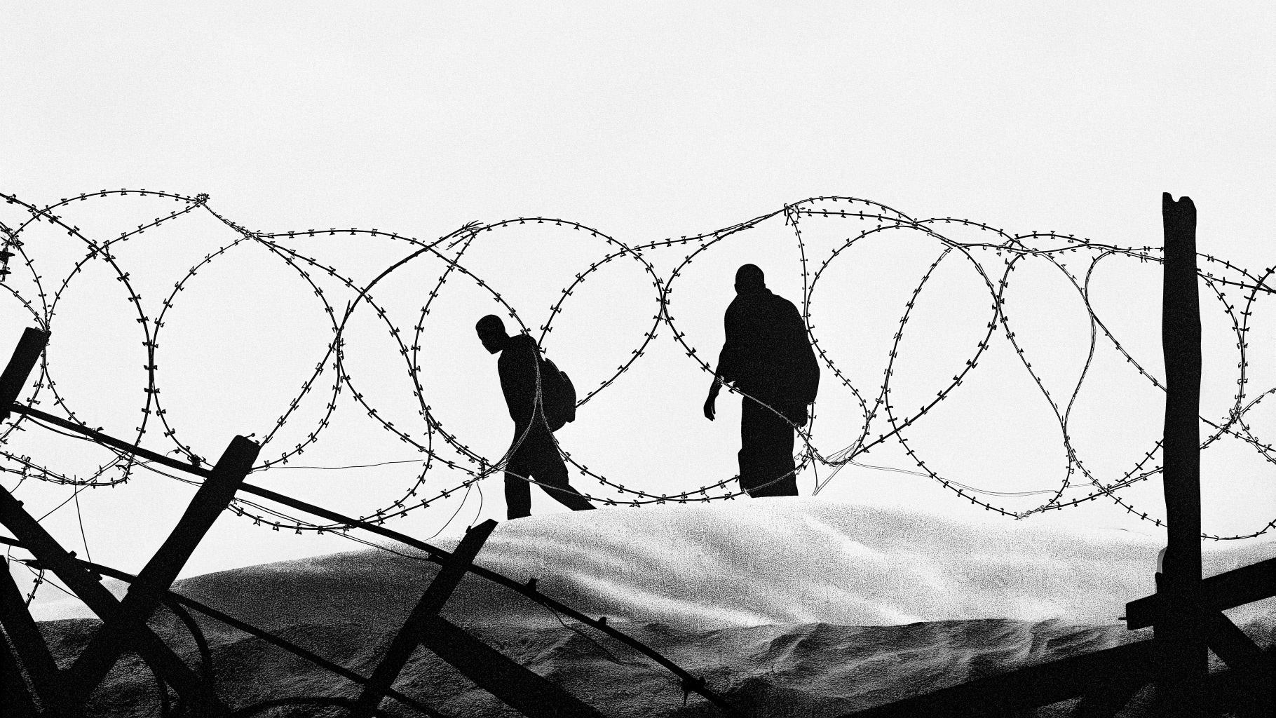 Illustration abstraite représentant un chemin d'aide humanitaire fragmenté à Gaza, avec des barrières et des silhouettes d'agents humanitaires naviguant entre les obstacles