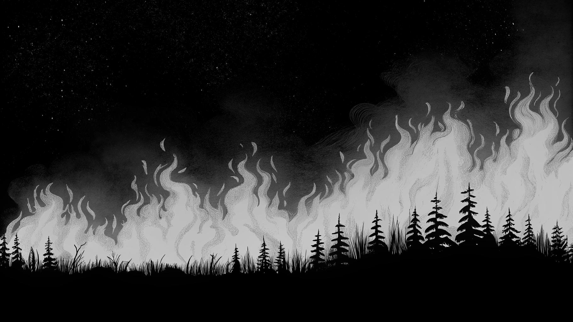 Illustration abstraite d'un incendie de forêt avec des flammes tourbillonnantes et de la fumée montant contre un ciel sombre, style minimaliste, palette de couleurs sobres