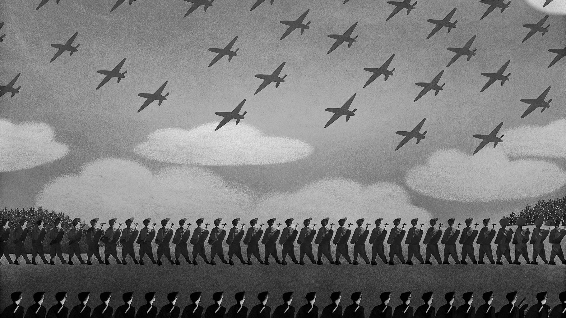 Illustration abstraite d'un défilé militaire européen, silhouettes stylisées d'avions et de soldats en formation, palette sobre bleu marine, gris et blanc, format paysage 3:2