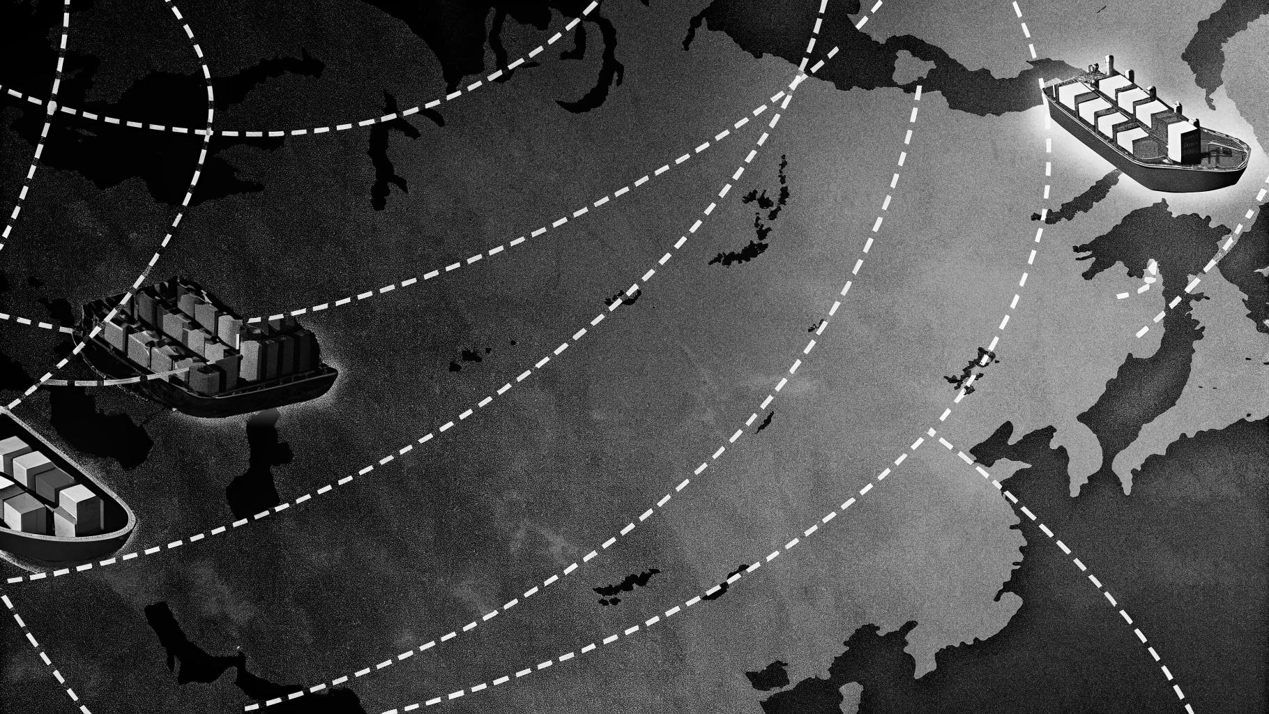 Illustration abstraite représentant un réseau mondial de ports connectés, avec des navires de commerce stylisés et des lignes de carte subtiles, dans un style presse sérieuse, palette sobre, format paysage.