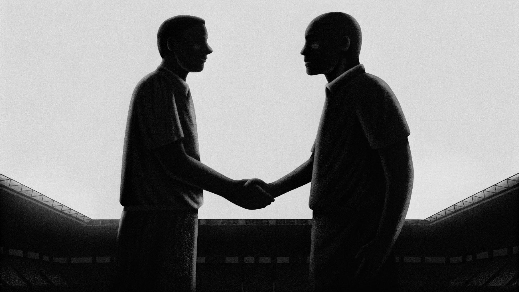 Illustration abstraite de deux équipes de football se serrant la main dans un stade, style presse sérieuse, sans texte, sans logo, sans visage reconnaissable, palette sobre, format paysage 3:2