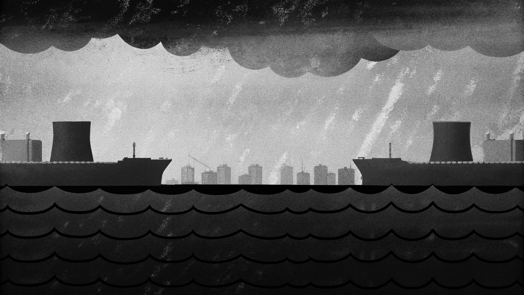 Illustration abstraite représentant une confrontation géopolitique avec une ville côtière sombre, une centrale nucléaire en arrière-plan, une mer stormy et des silhouettes de pétroliers, palette sobre.