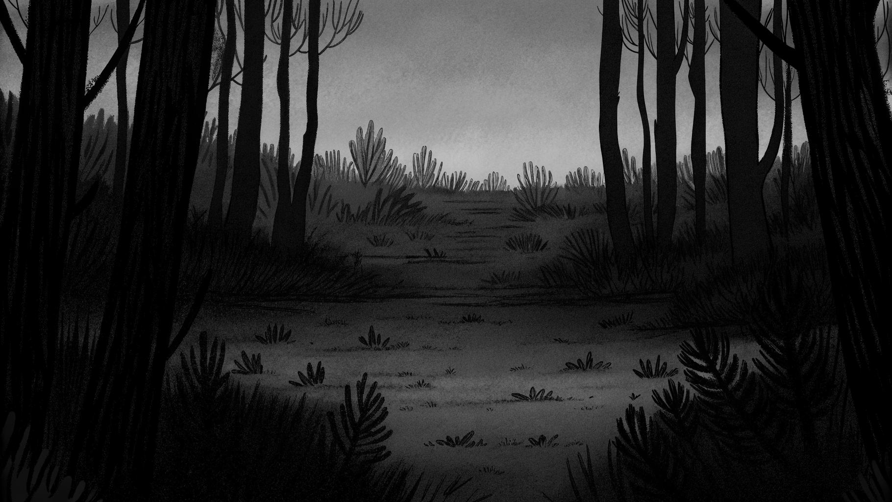 Illustration abstraite d'une forêt française en période de canicule extrême, avec sol sec, végétation éparse et flammes orange discrètes au loin, palette de tons terreux et ciel pâle