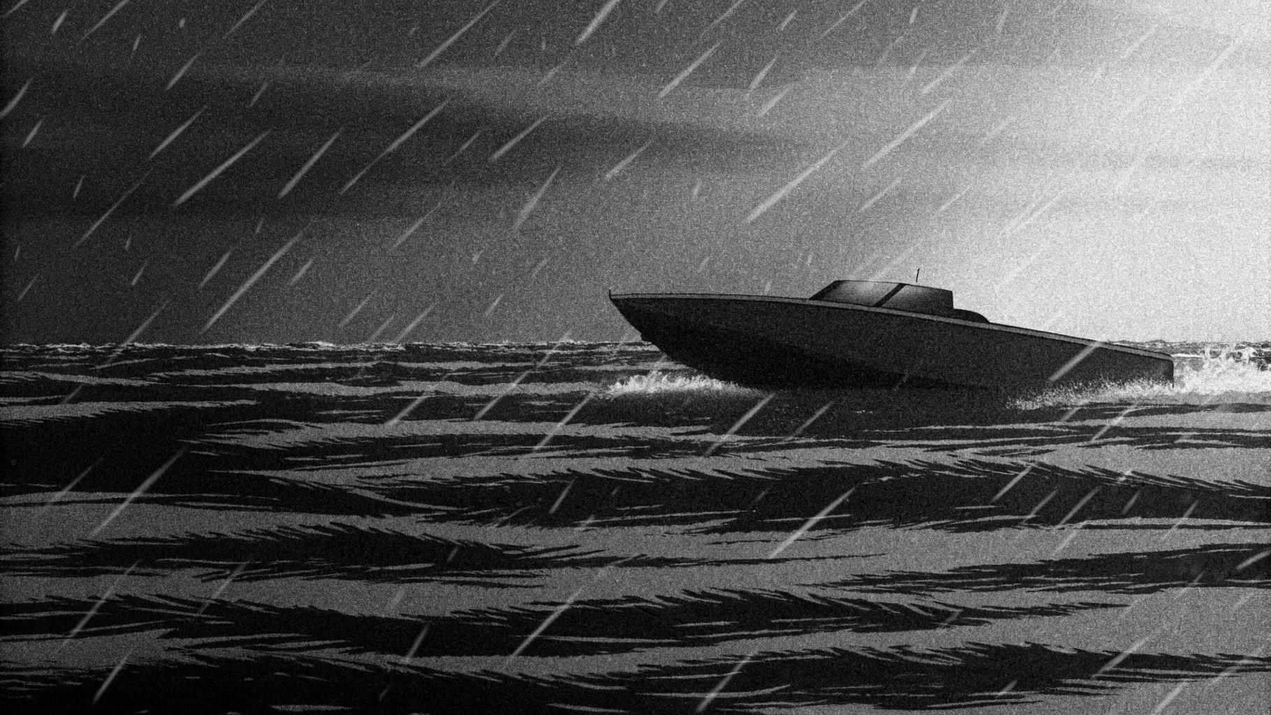 Représentation abstraite d'un hors-bort rapide noir coupant des eaux sombres de l'Atlantique sous un ciel de nuit, illustrant la menace des go-fast sur le trafic de cocaïne.