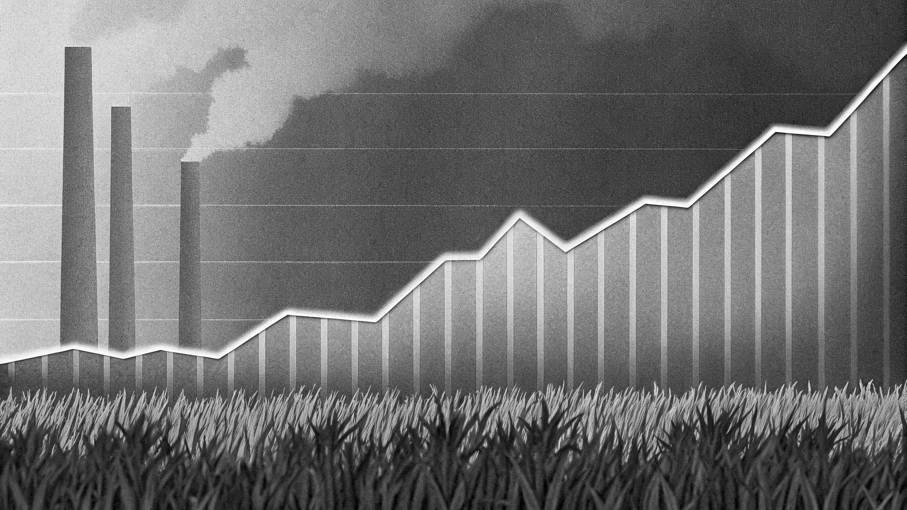 Illustration abstraite d'un graphique de marché du carbone montrant une courbe de tarification qui s'adoucit, dans des tons gris et verts sobres, symbolisant l'ajustement politique pour les industriels.
