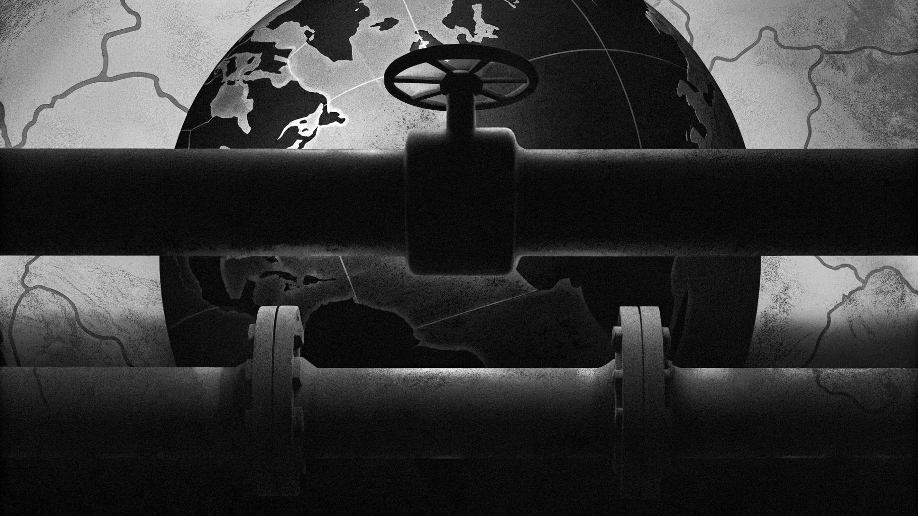 Illustration abstraite représentant un affrontement géopolitique entre l'Iran et les États-Unis, avec un drone sombre survolant un pipeline pétrolier stylisé et une globe fracturé en arrière-plan, palette sobre de bleu marine, gris ardoise et doré mu