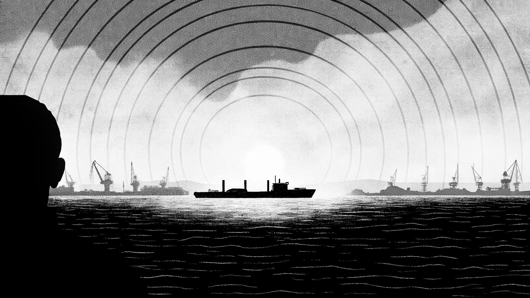 Illustration abstraite d’un cargo en mer face à une zone maritime sous tension