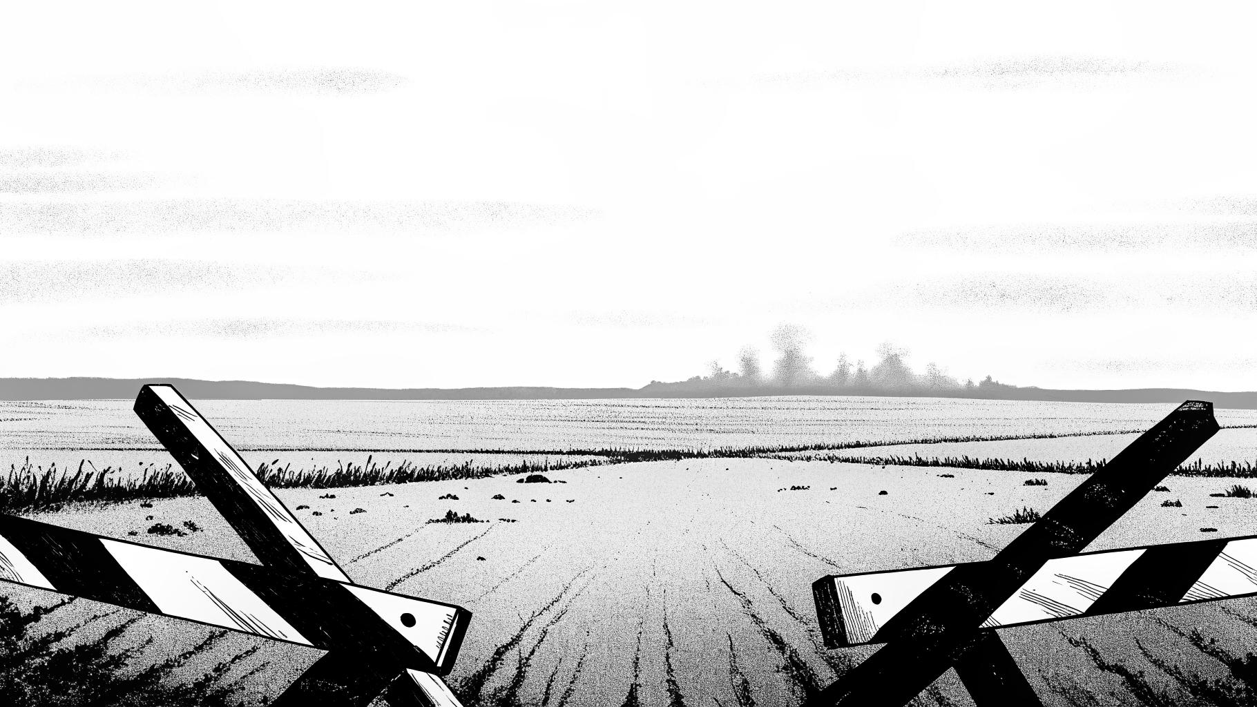 Illustration abstraite d’un territoire fragmenté sous tension, avec routes barrées et silhouettes de colonies au loin