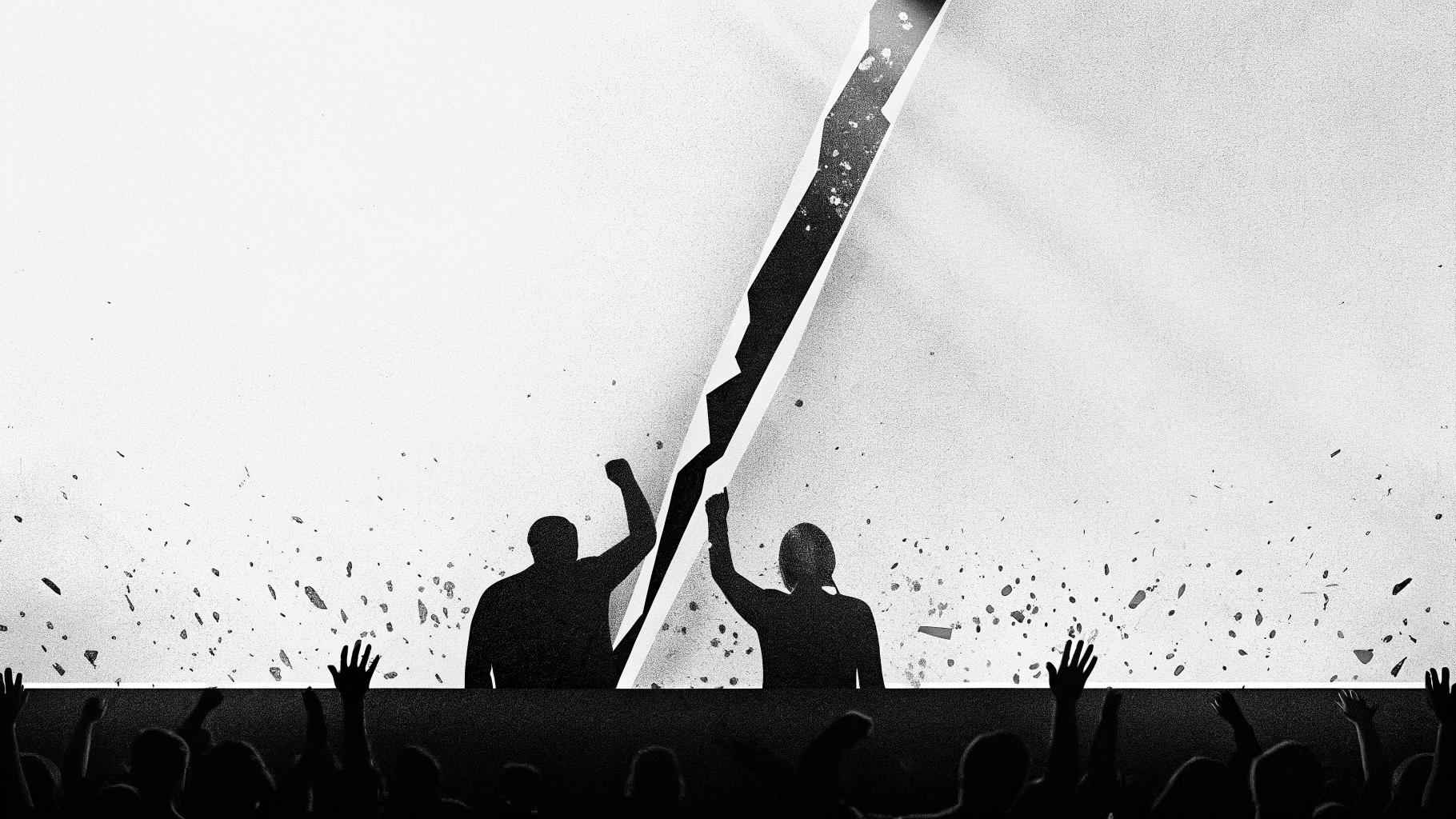Illustration abstraite d’une scène de concert interrompue par des silhouettes de manifestants, ambiance sobre et tendue