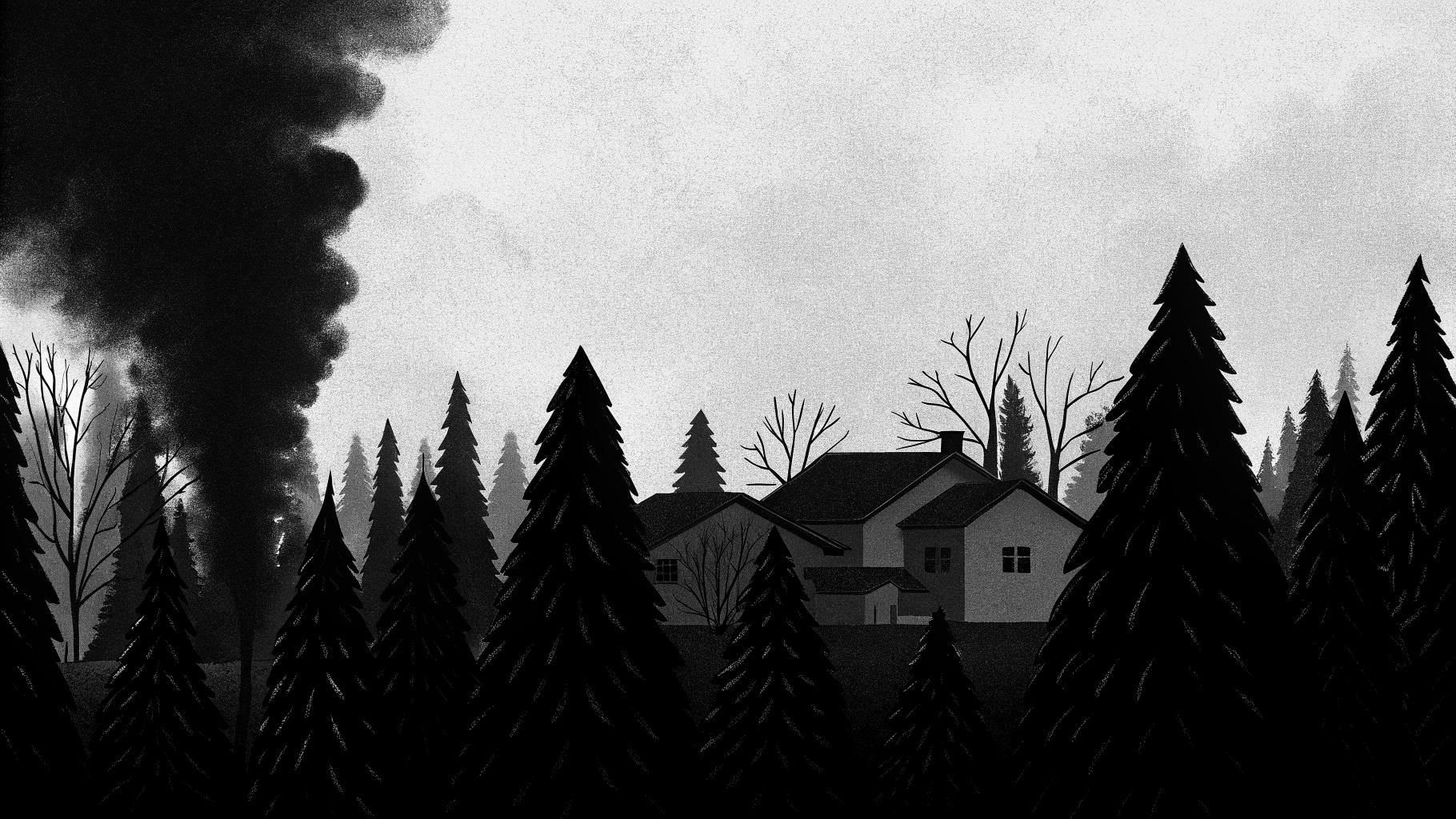 Vue abstraite d’un incendie de forêt proche de zones habitées, avec fumée et lumière orangée