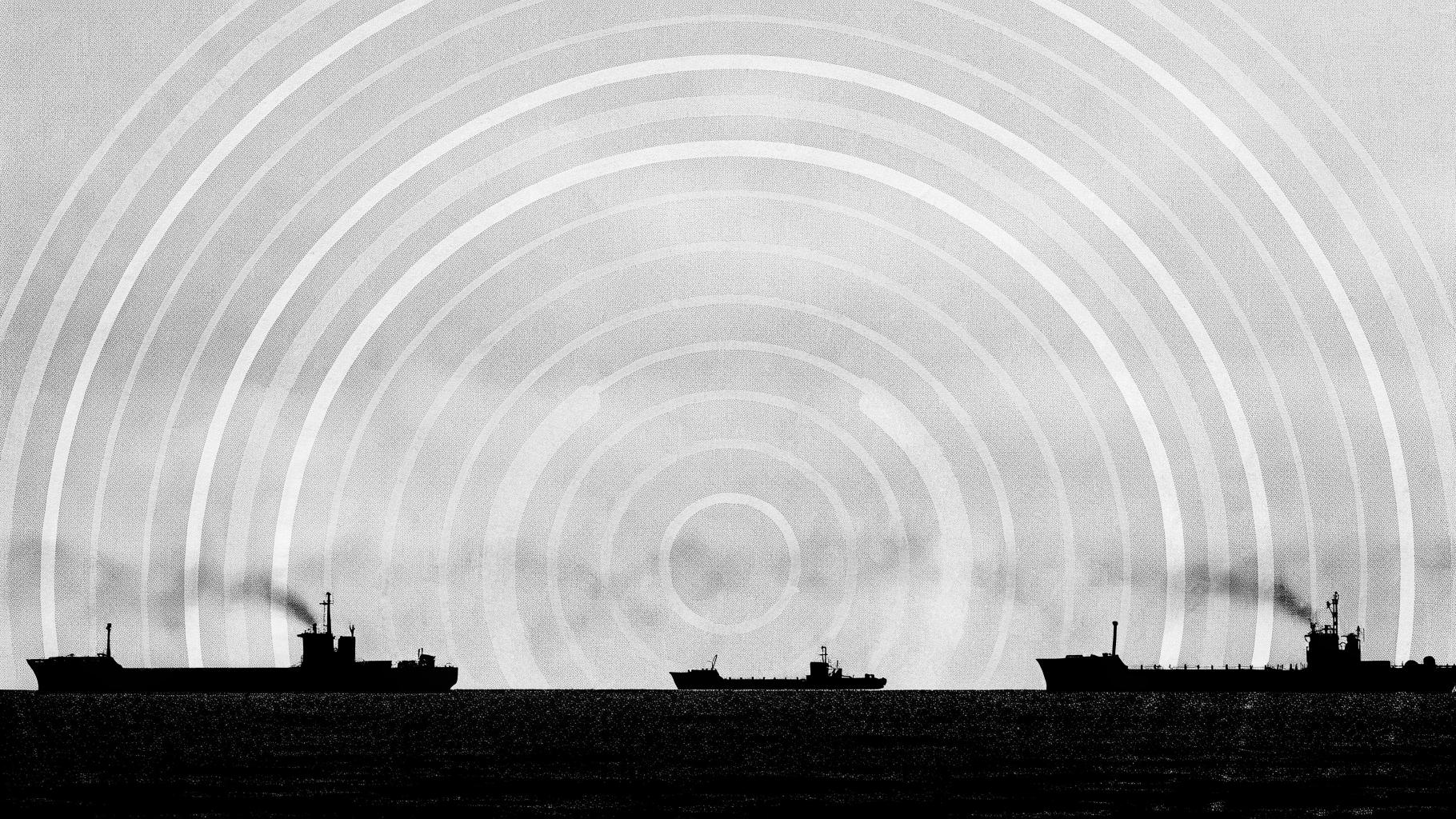 Illustration abstraite d’une tension maritime en mer Rouge avec pétroliers stylisés et menace militaire symbolique.