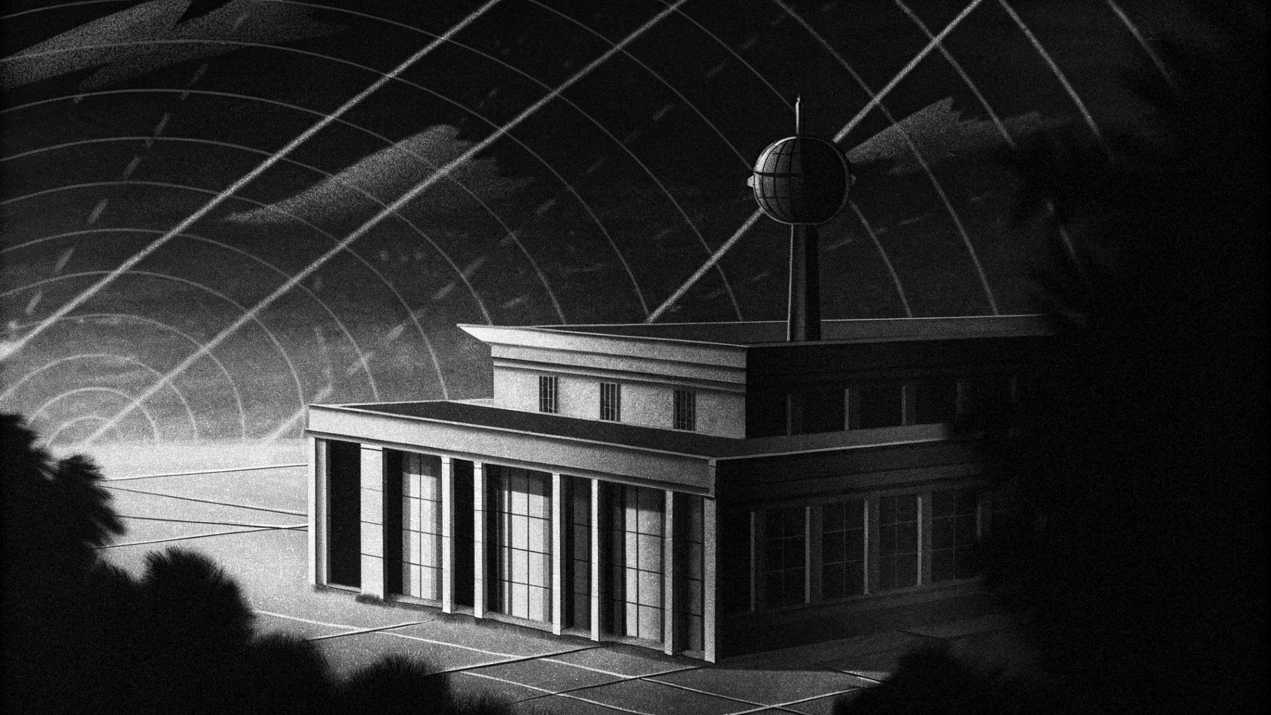 Illustration abstraite d’un quartier général militaire sous surveillance, avec ambiance institutionnelle sobre.