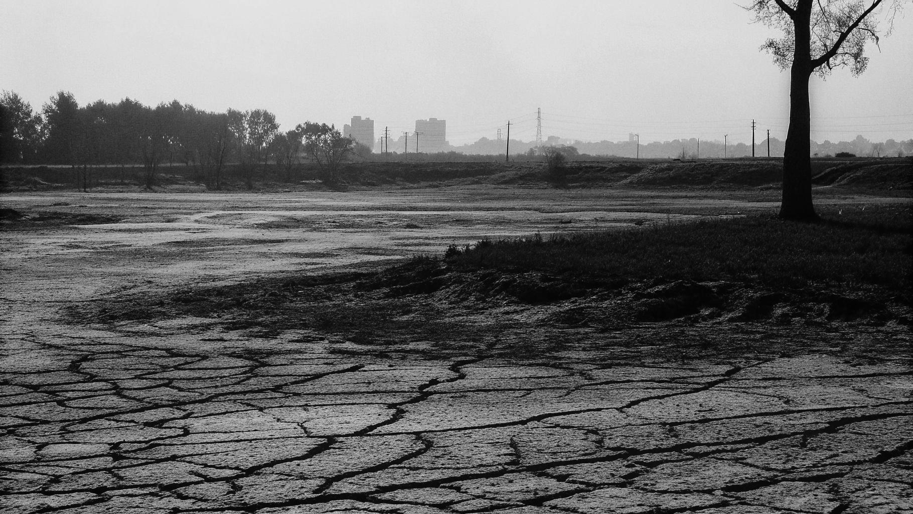 Illustration abstraite d’un paysage français marqué par une chaleur extrême et des sols asséchés