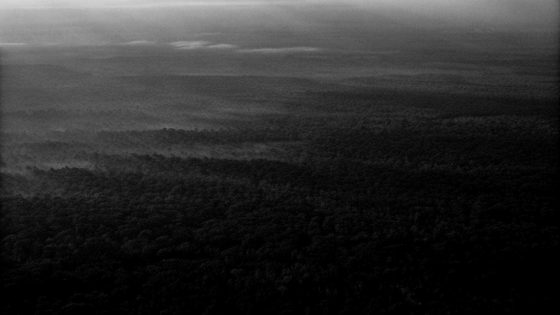Illustration abstraite d’une île tropicale recouverte de fumées et de brume polluée