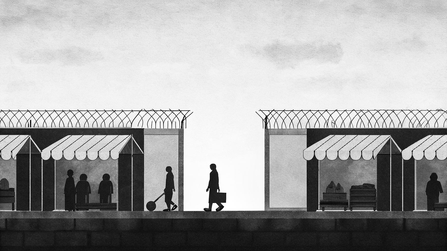 Illustration abstraite d’un marché urbain avec des devantures symboliques et une ambiance de tension économique.