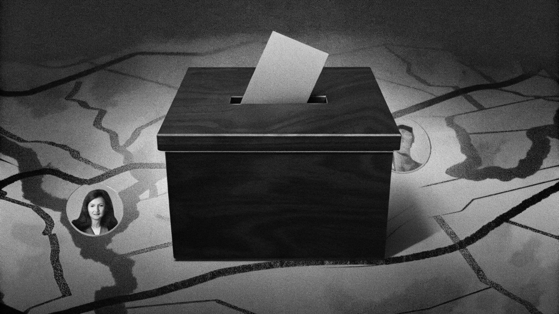 Illustration abstraite d’un scrutin politique lié à la guerre, avec une urne et des cartes militaires stylisées