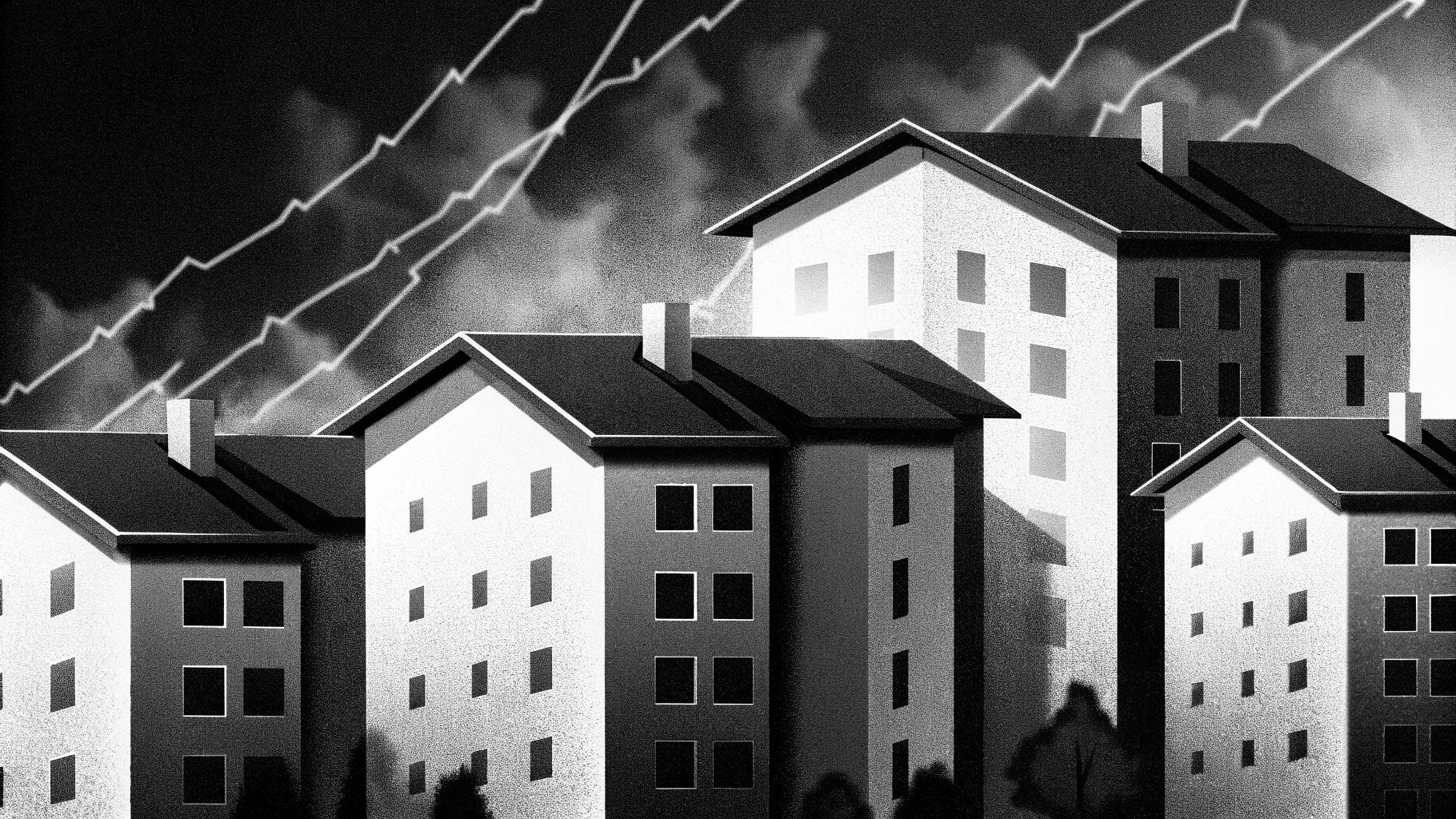 Illustration abstraite de la pression sur le logement en Europe, avec immeubles urbains et courbe de hausse stylisée