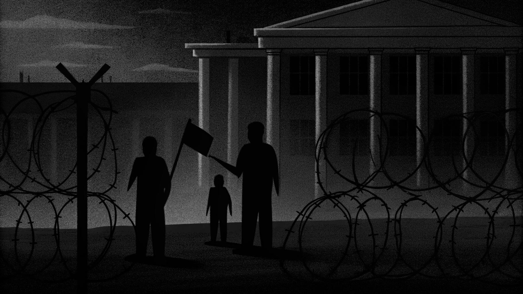 Illustration abstraite d’une campagne politique dominée par des silhouettes et des documents, dans des tons sobres.