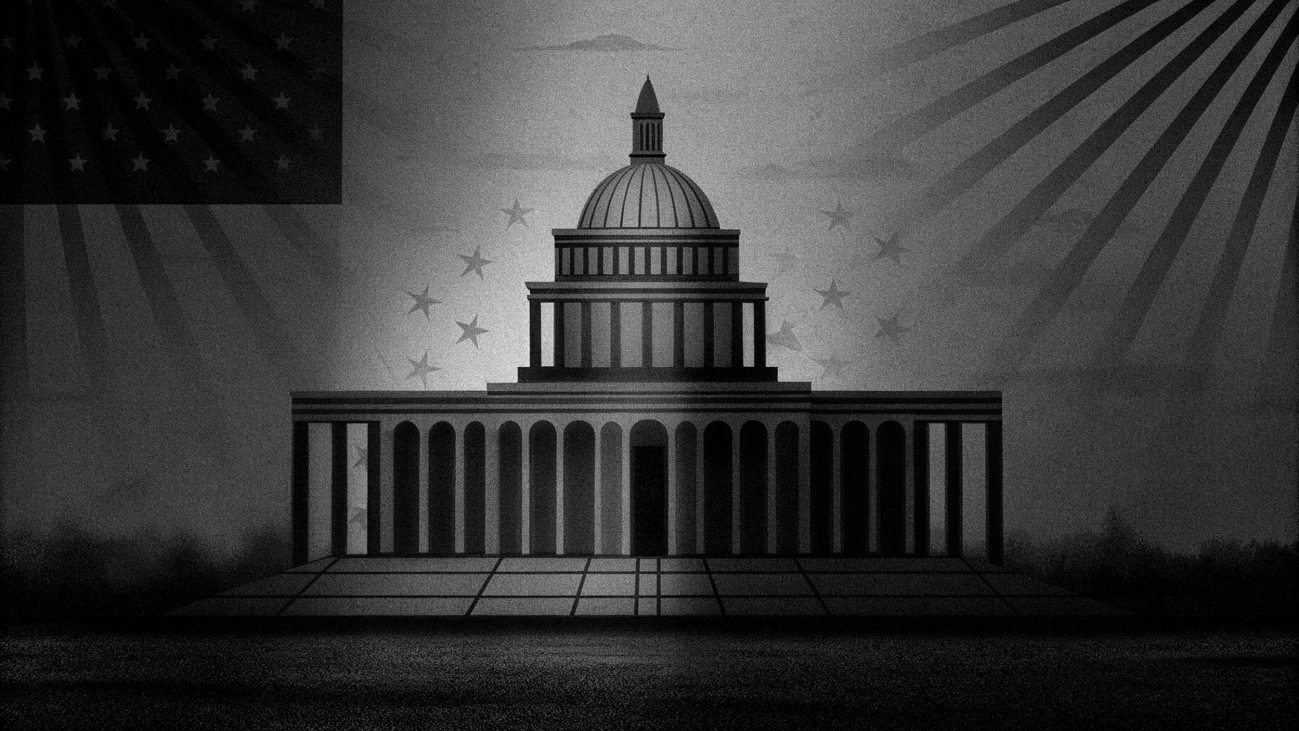 Illustration abstraite d’une cathédrale et de symboles républicains dans des tons sobres