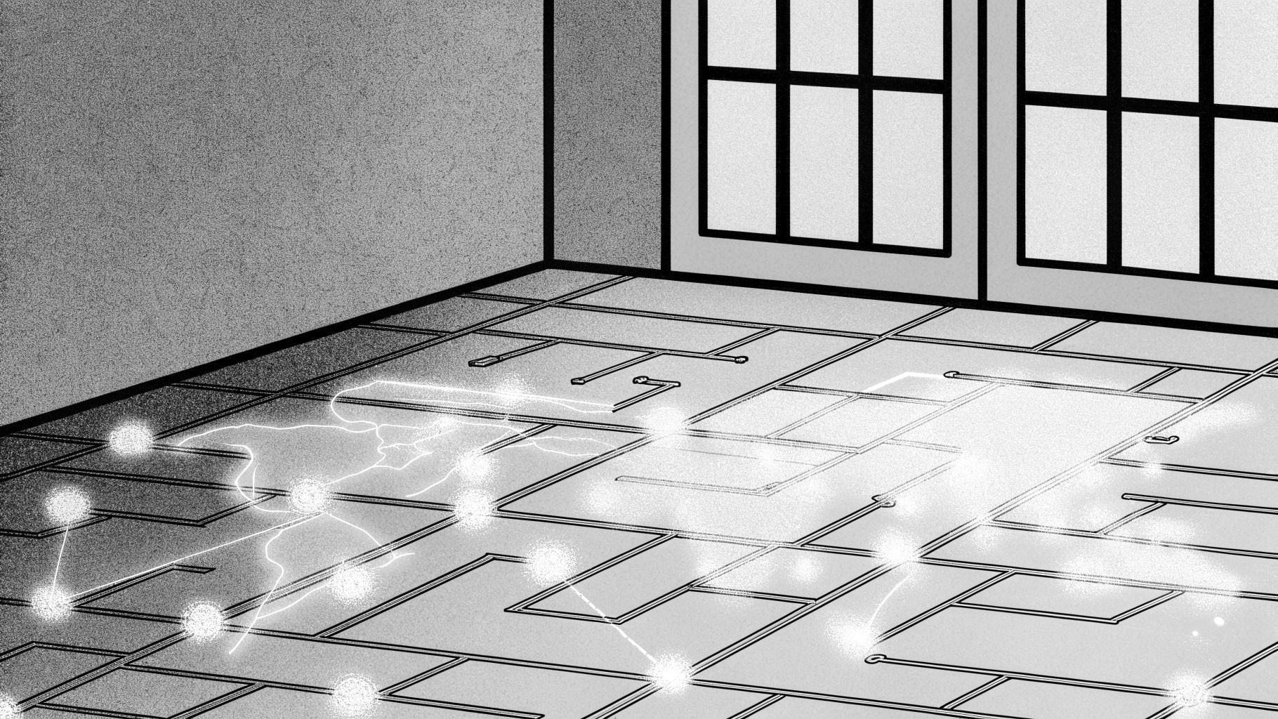 Illustration abstraite d’une salle du Conseil de sécurité sur fond de motifs numériques et de carte du monde