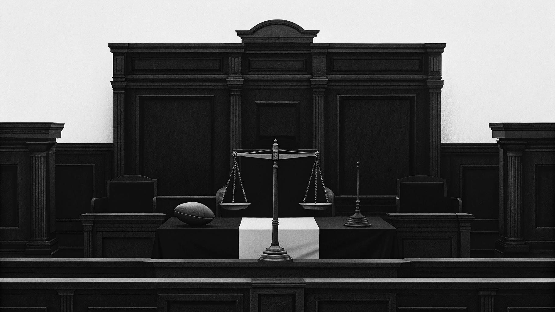 Illustration abstraite d’un tribunal et d’éléments de rugby dans une palette sobre