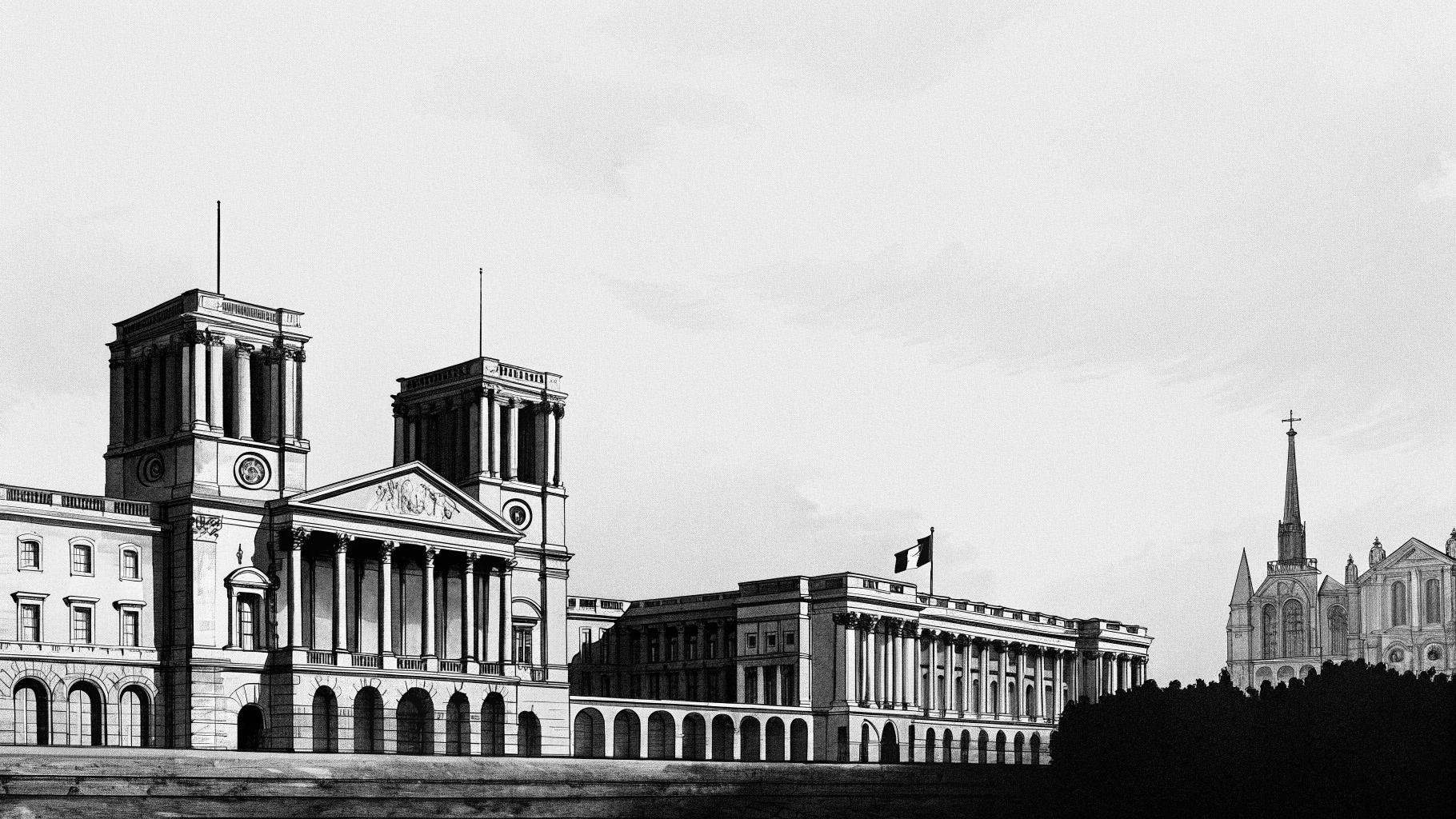 Illustration abstraite d’un palais républicain face à une cathédrale dans une ambiance sobre