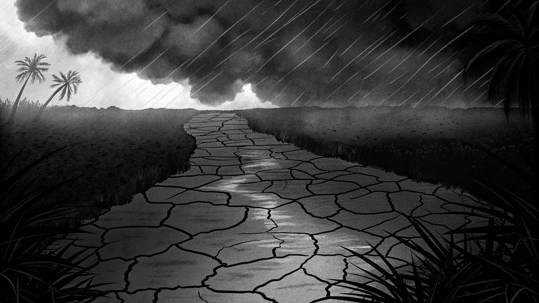 Illustration abstraite montrant l’Afrique menacée par des pluies, une sécheresse et des routes inondées