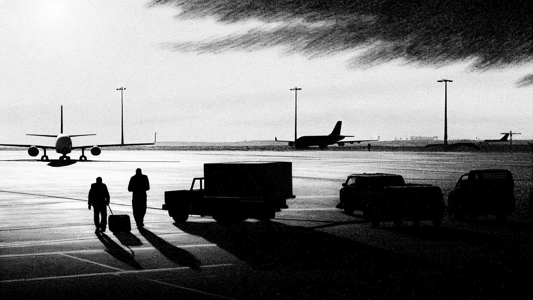 Illustration abstraite d’un tarmac aéroportuaire avec un avion discret, des véhicules de sécurité et une atmosphère de départ confidentiel.