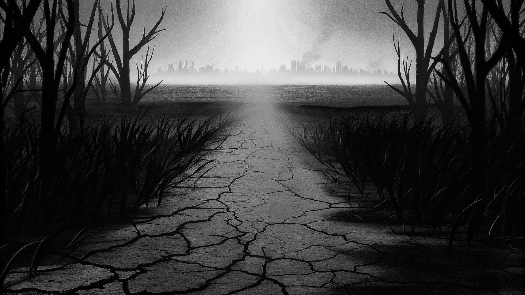 Illustration abstraite d’un paysage asséché sous une forte chaleur, avec fumée d’incendie au loin