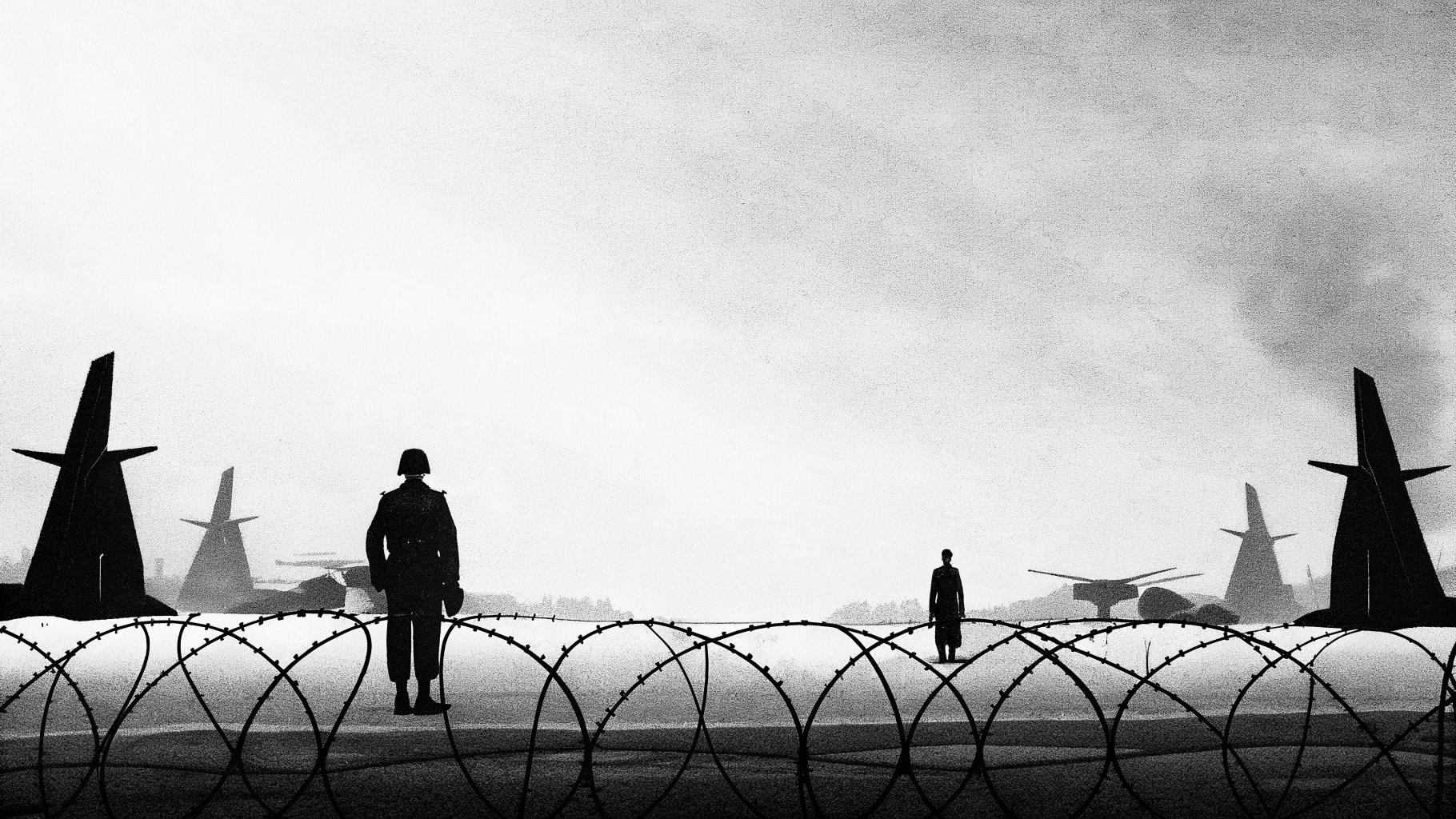 Illustration abstraite d’une base militaire et de lignes diplomatiques tendues dans un paysage sobre