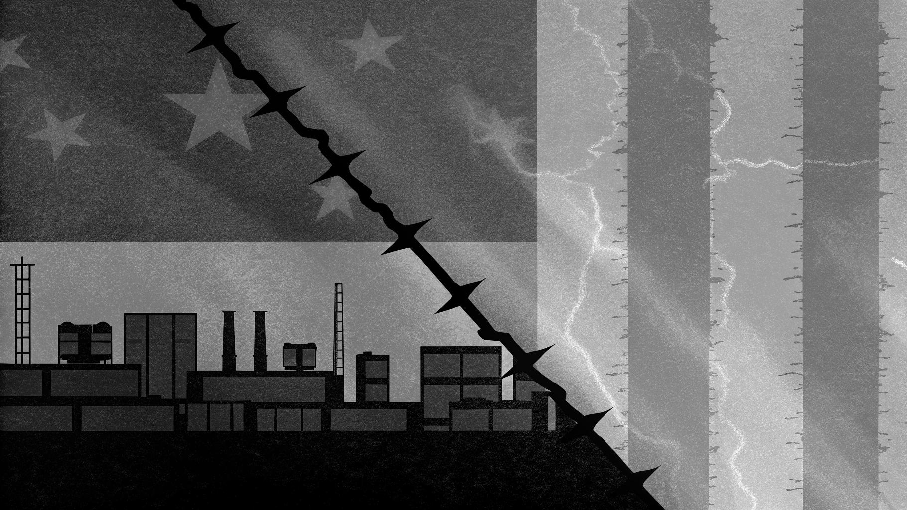 Illustration abstraite d’une usine automobile et d’une frontière commerciale sous tension