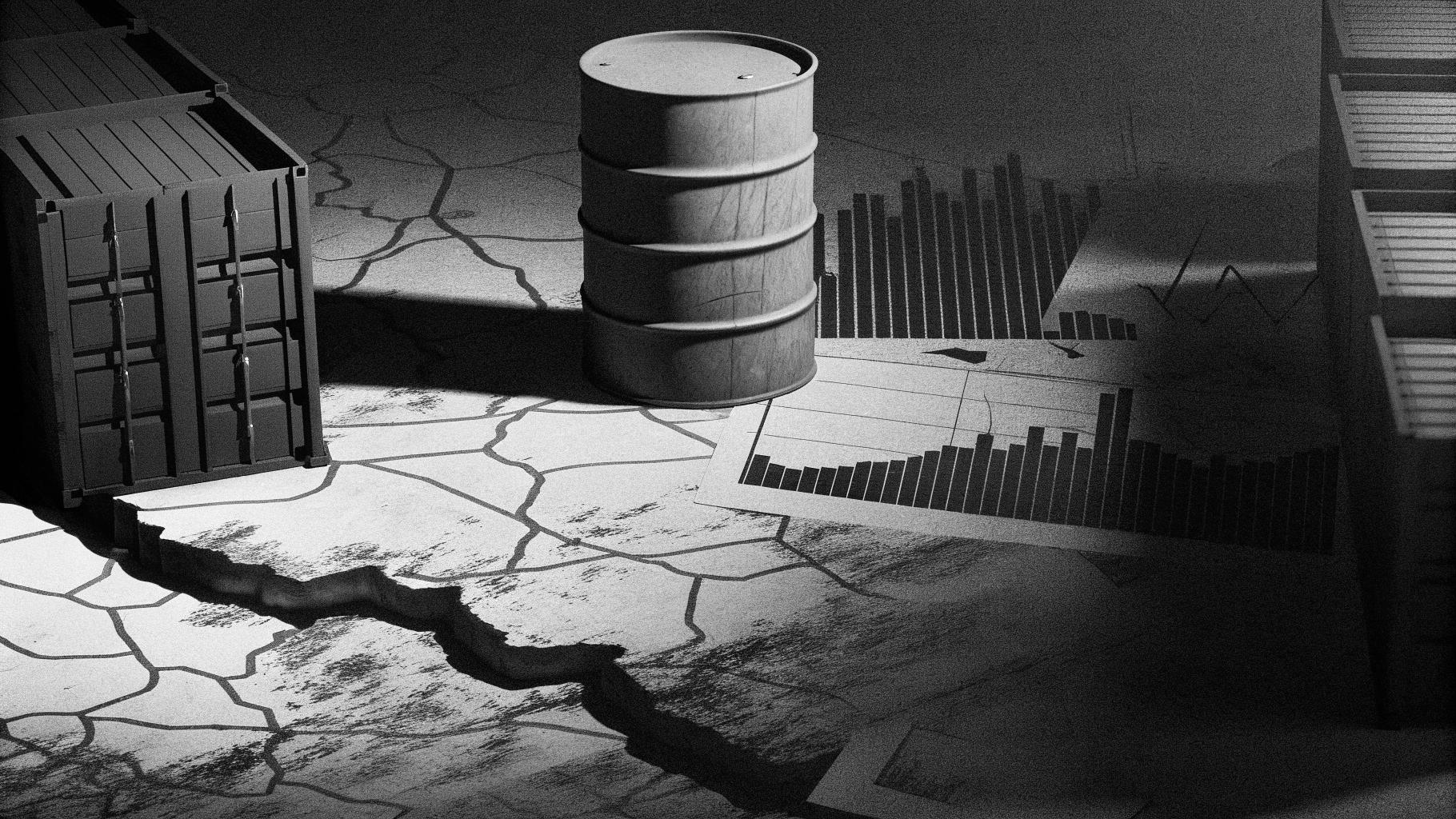 Illustration abstraite d’un bras de fer économique entre les États-Unis et l’Iran, avec pétrole, finance et transport maritime