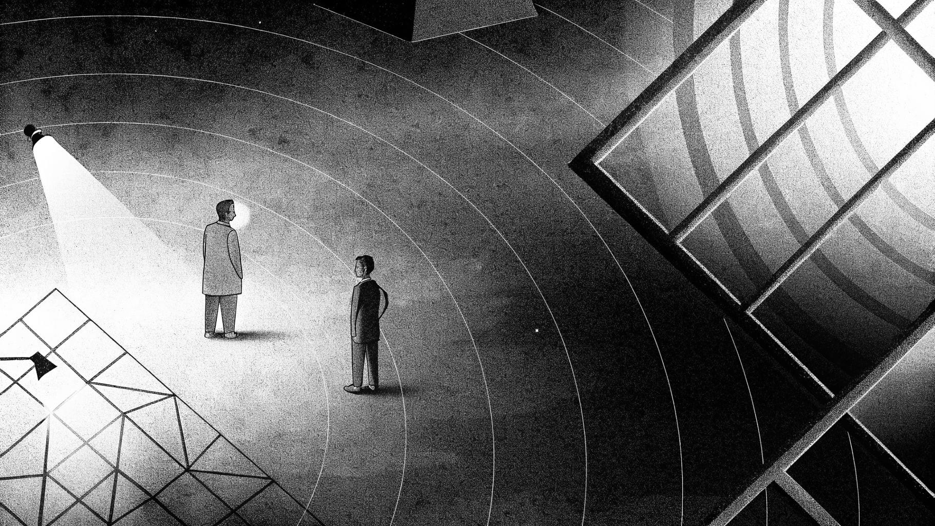 Illustration abstraite montrant la désinformation, la surveillance numérique et un hôpital flou dans un contexte de guerre