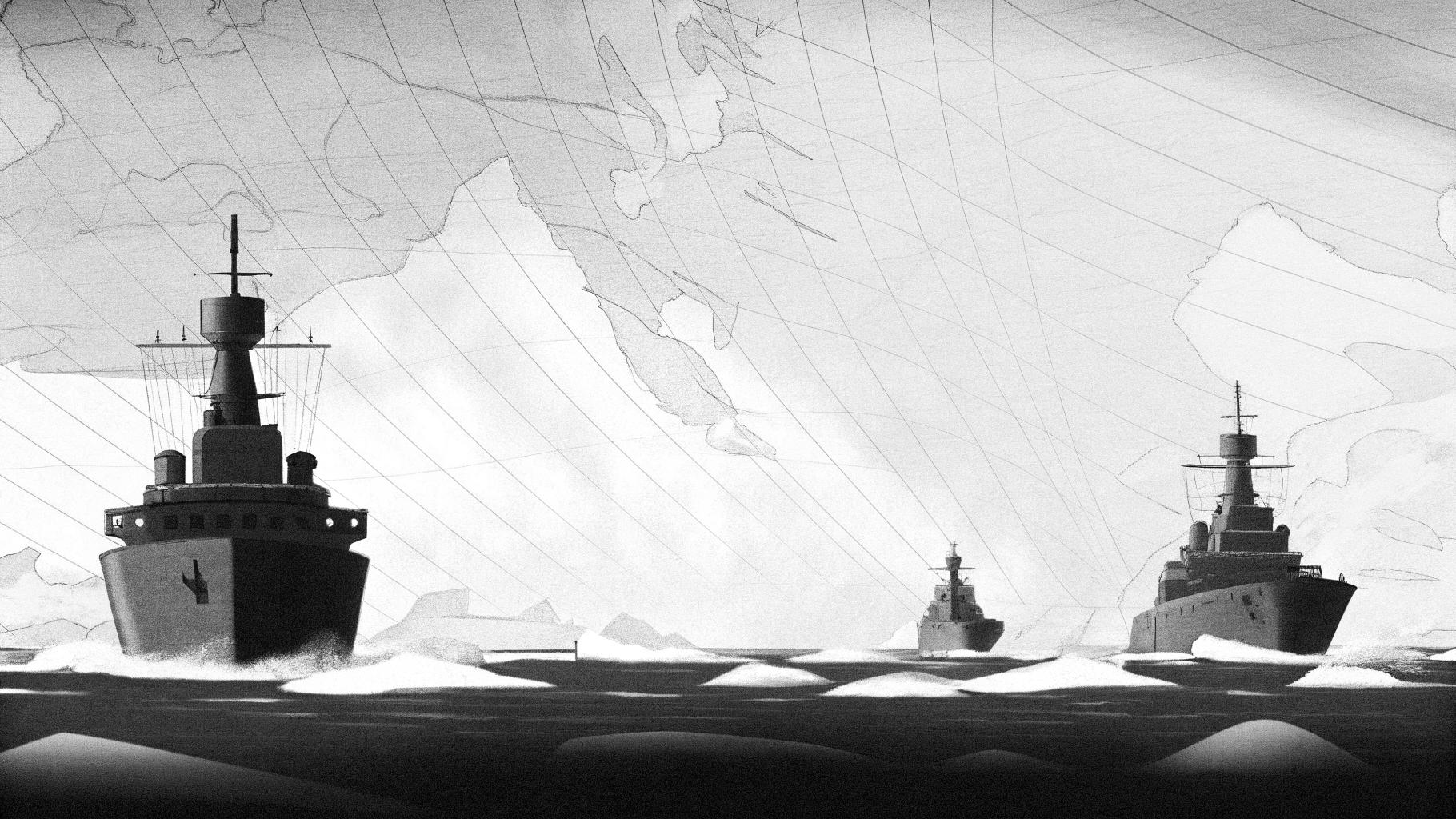 Illustration abstraite de frégates modernes en mer du Nord dans un contexte de réarmement