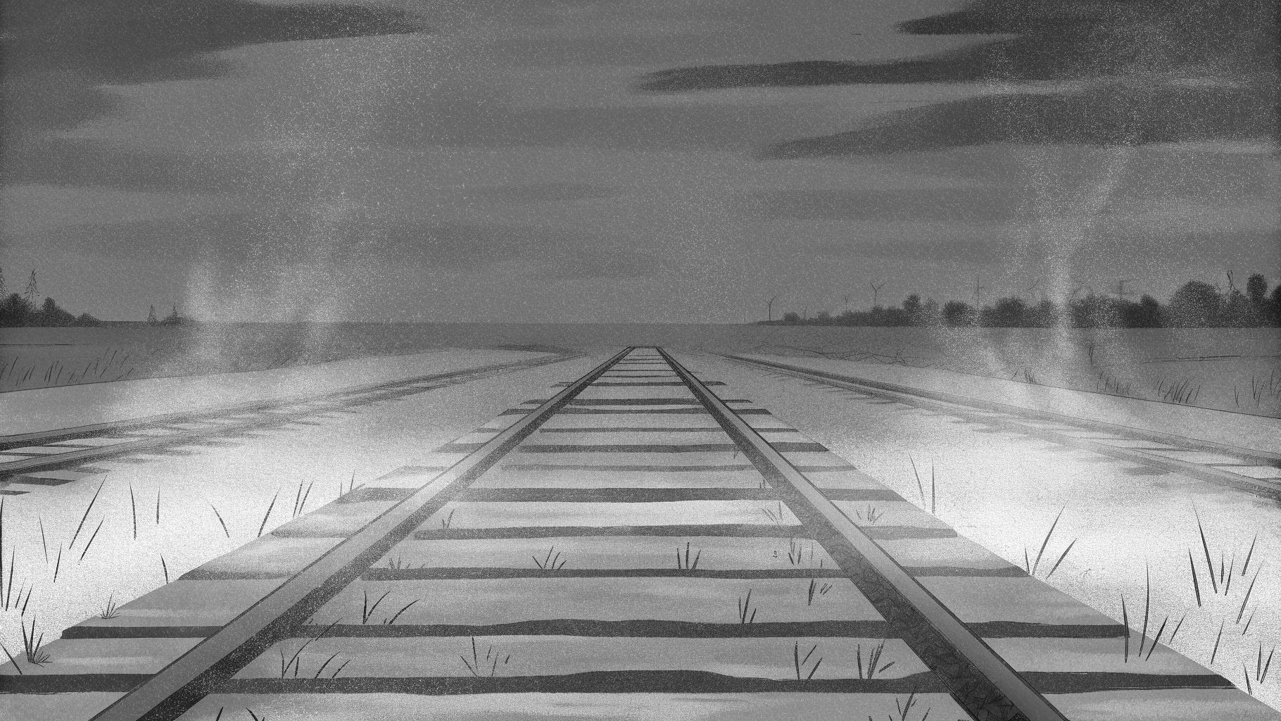 Illustration abstraite d’une voie ferrée endommagée près d’une frontière, dans une atmosphère géopolitique tendue