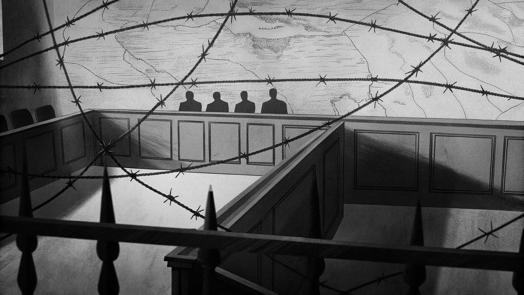 Illustration abstraite d'un tribunal international et d'une région marquée par l'après-guerre au Kosovo