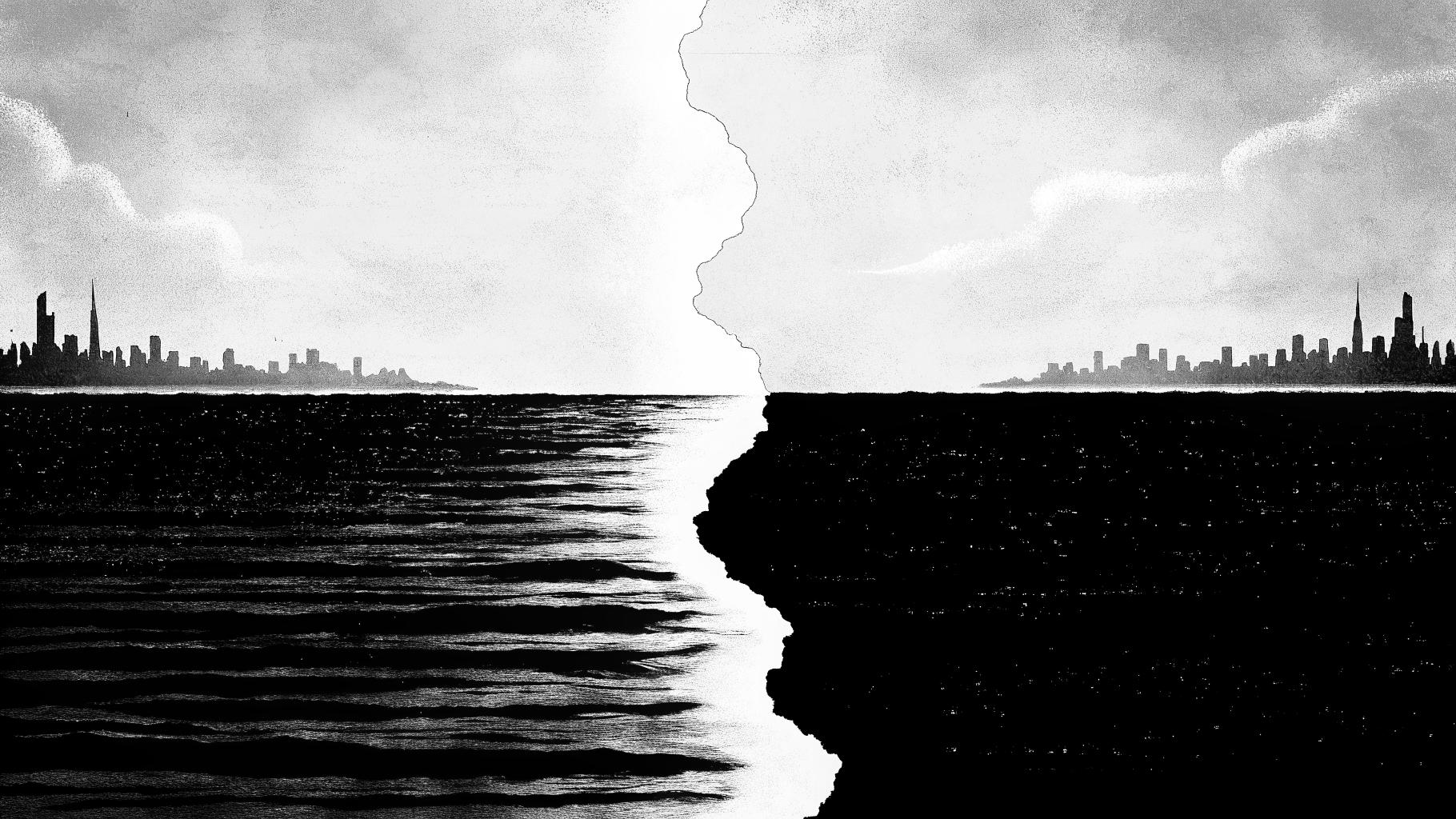 Illustration abstraite d’un trajet migratoire entre Haïti et le Canada, en style presse sobre