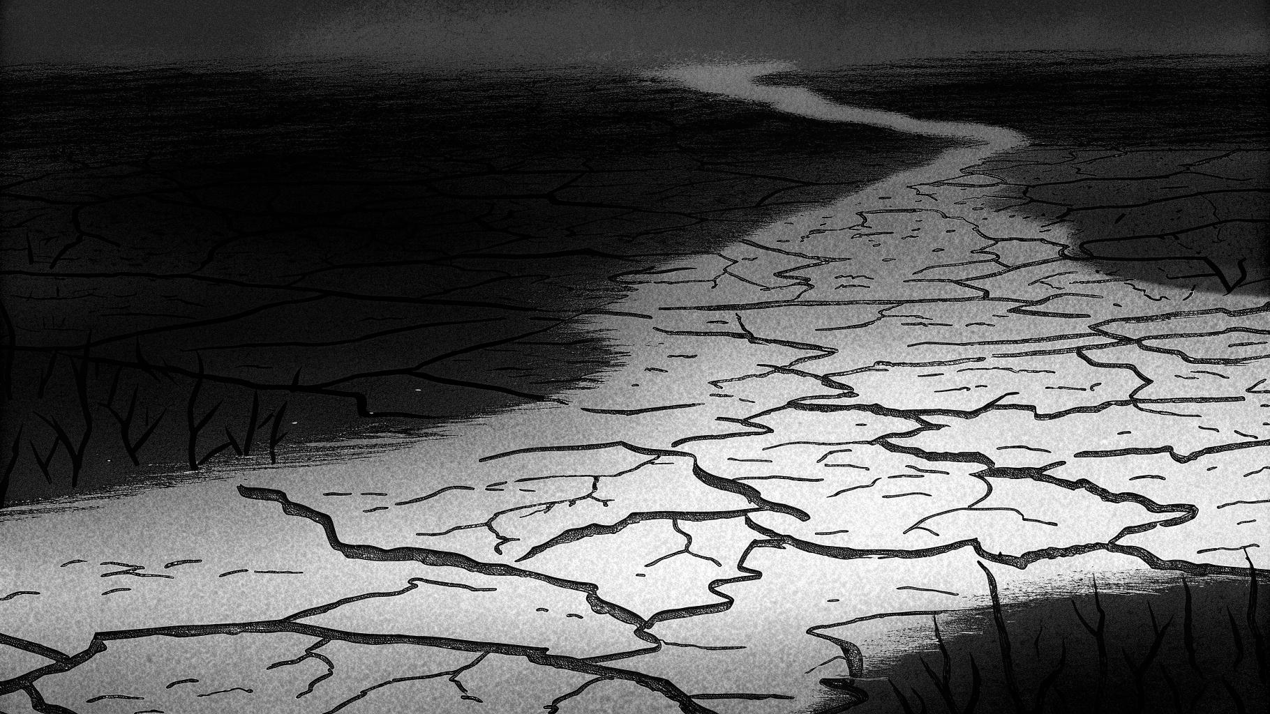 Illustration abstraite d’un lit de rivière asséché évoquant le recul de l’eau douce