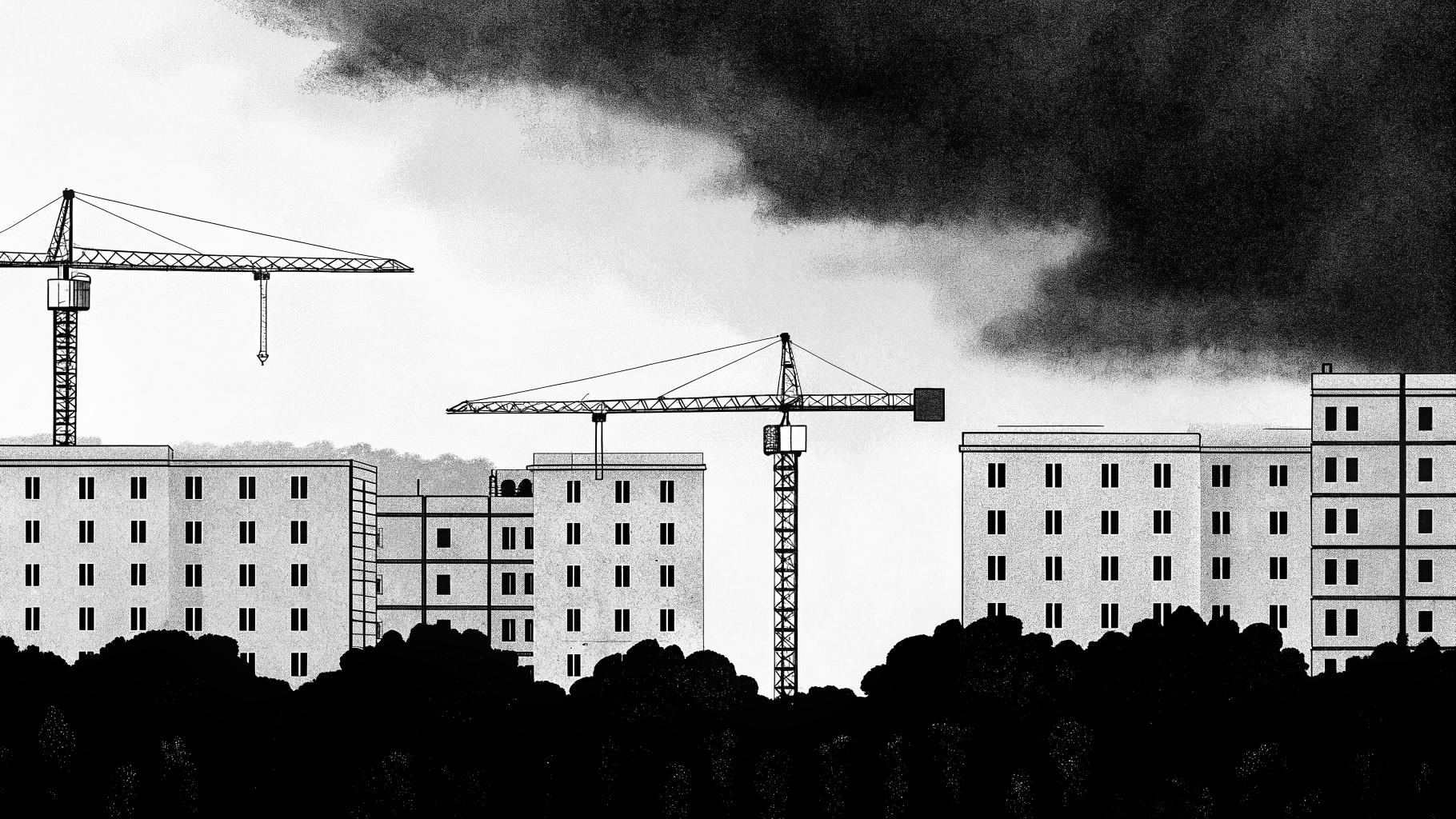 Illustration abstraite d'immeubles, de grues et d'une ambiance politique sobre autour du logement