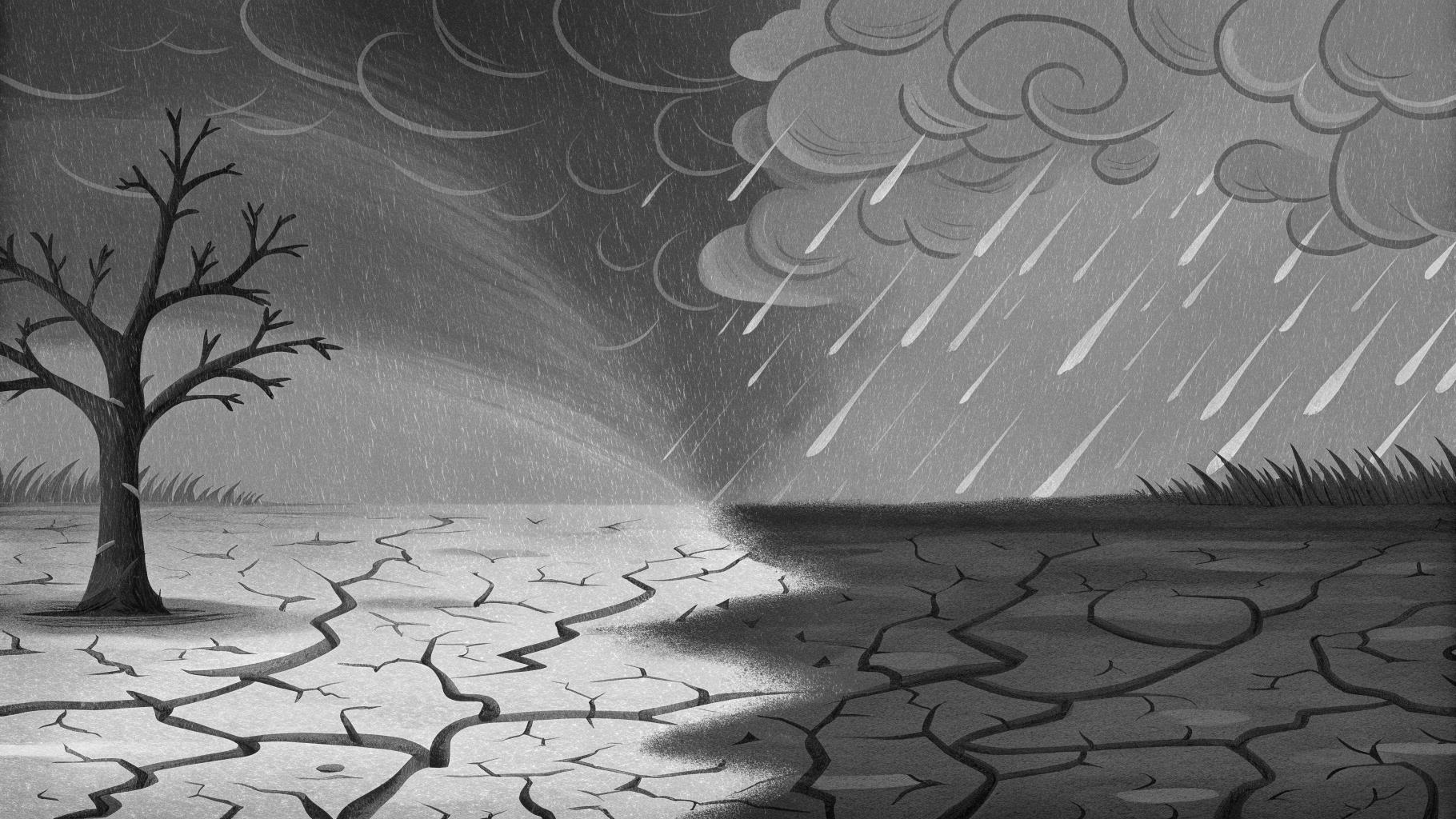 Illustration abstraite d’un épisode El Niño avec sécheresse, pluies extrêmes et incendies