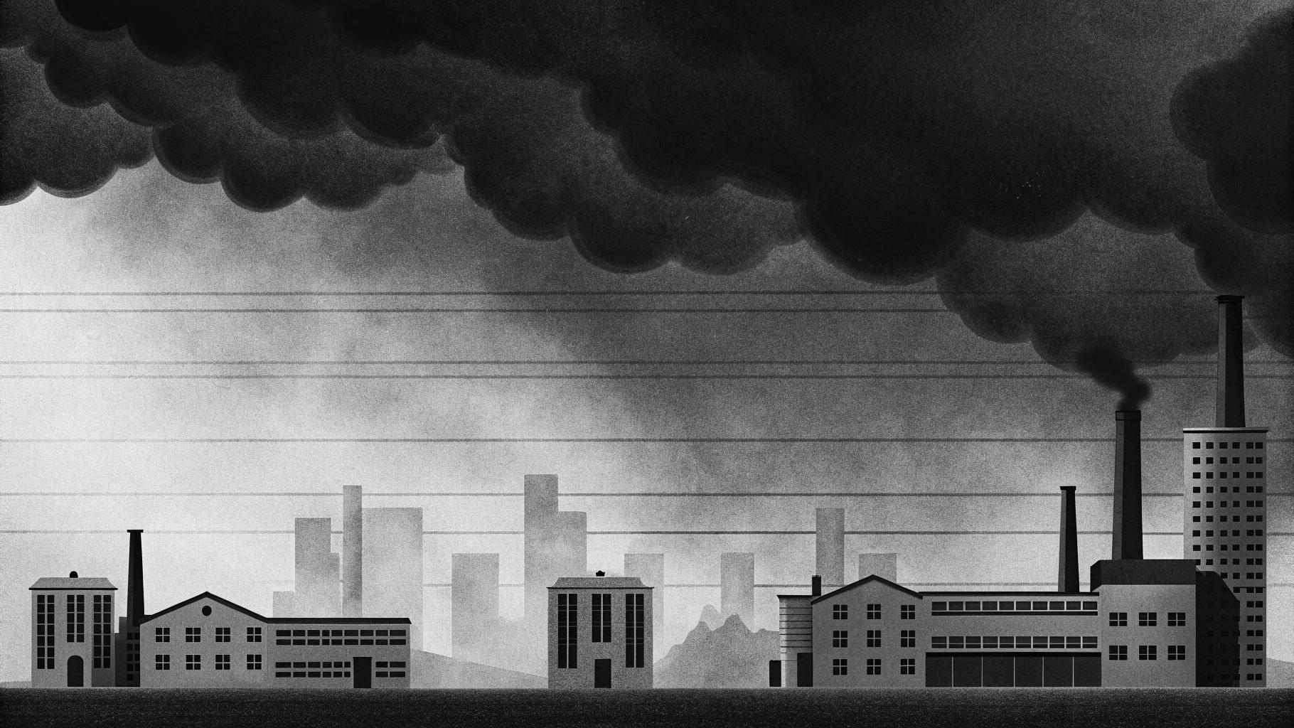 Illustration abstraite d’une économie française fragilisée, avec des nuages sombres au-dessus d’un paysage industriel et financier sobre