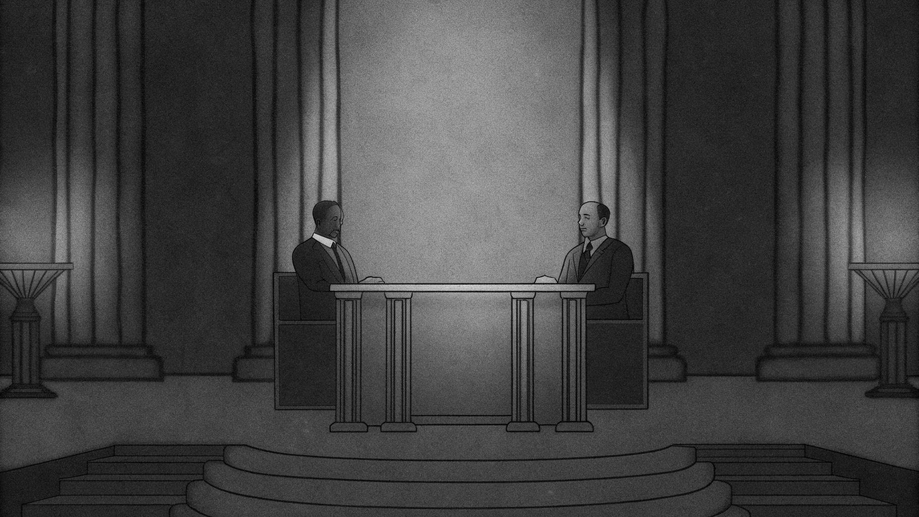 Illustration abstraite d’une table de débat entre monde économique et politique, avec une ligne de fracture symbolique