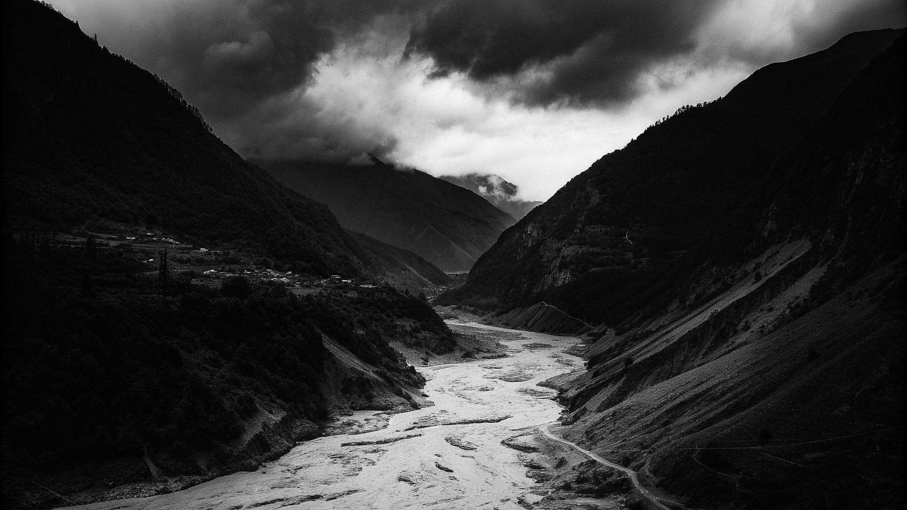 Illustration abstraite d’une vallée himalayenne dévastée par des inondations