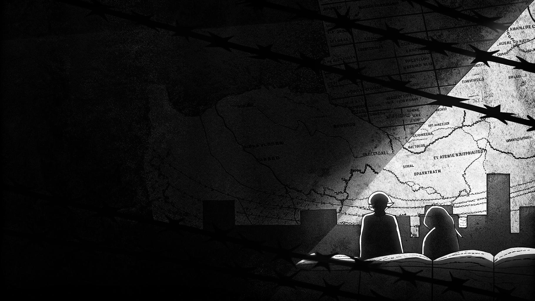 Illustration abstraite d’un débat sur la mémoire coloniale en Corée du Sud avec archives et ombres urbaines