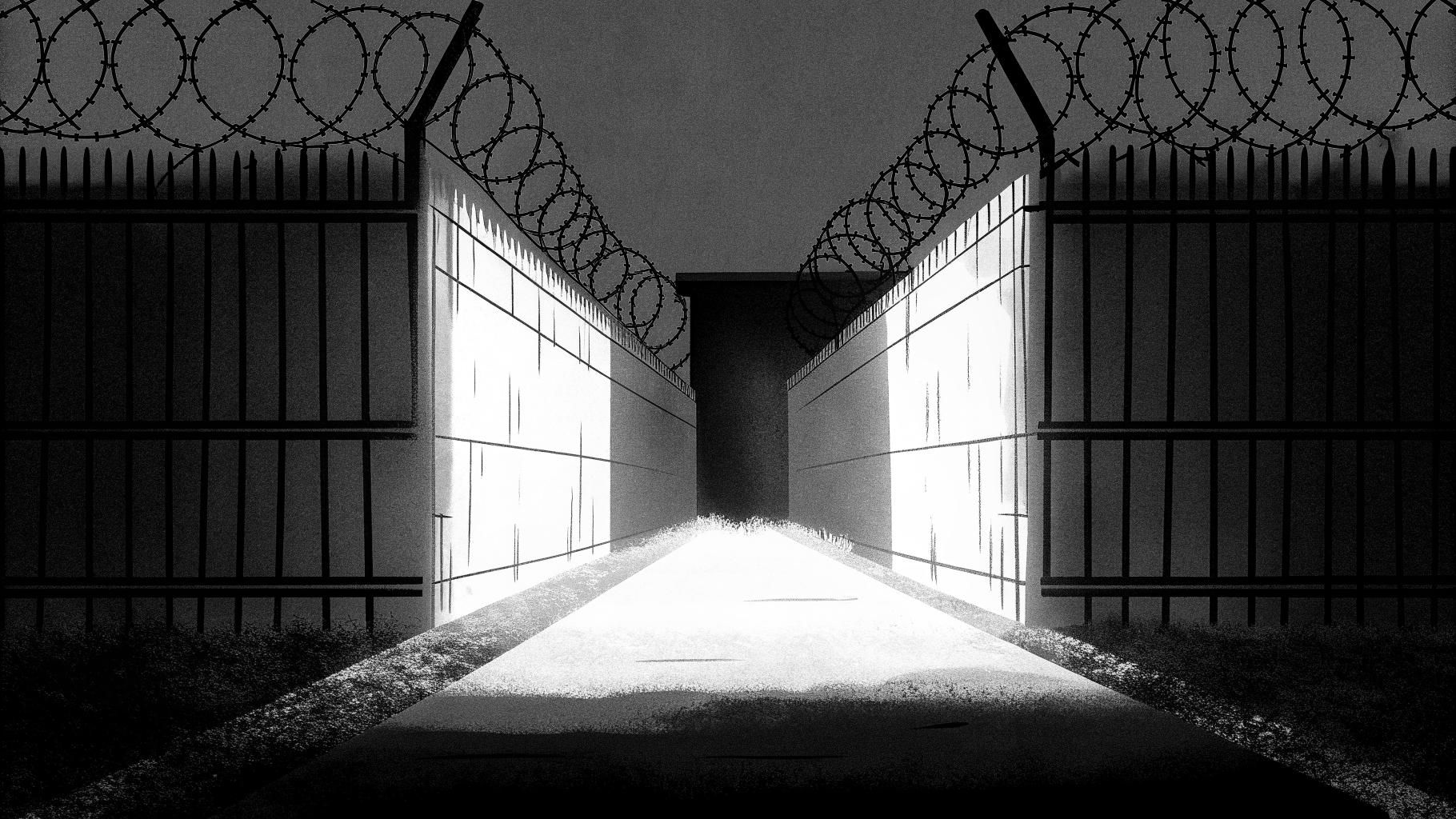 Illustration abstraite d’un corridor pénitentiaire séparé par une ligne de frontière entre la Suède et l’Estonie