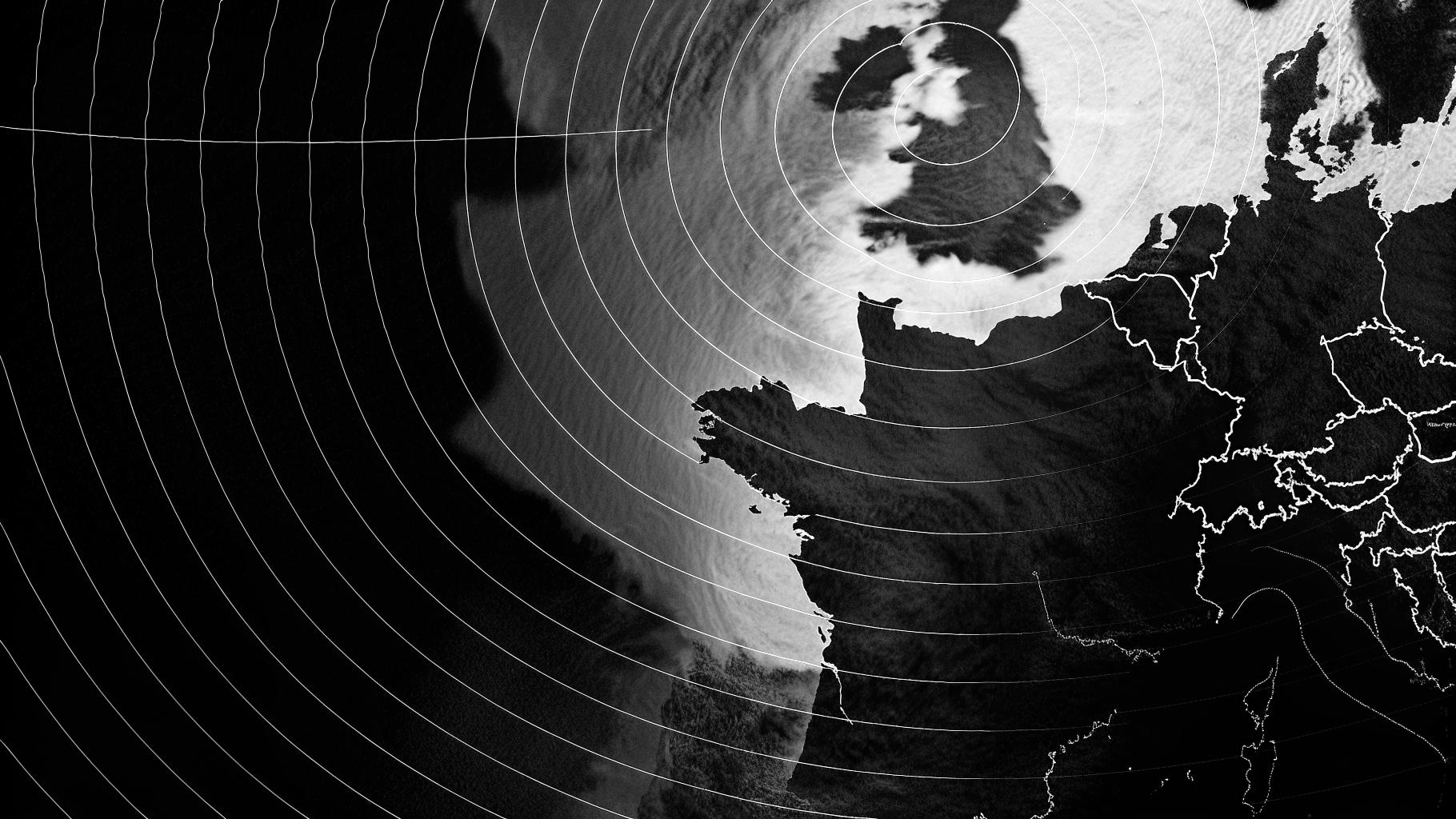 Illustration abstraite d’une France en surchauffe, avec lignes de circulation atmosphérique et teintes sobres.